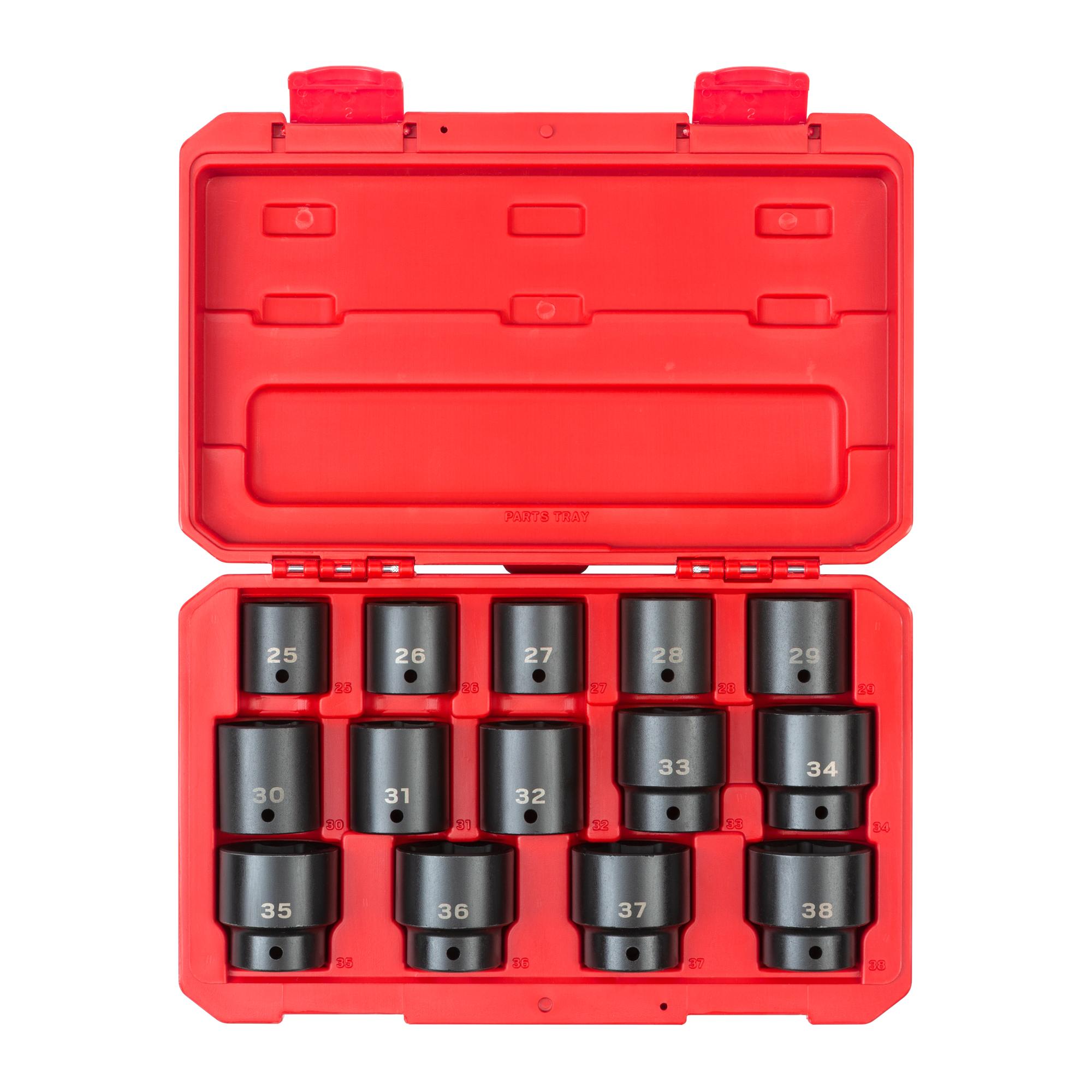 Front view of Tekton case impact drive 6-point socket set. Item #SID92325