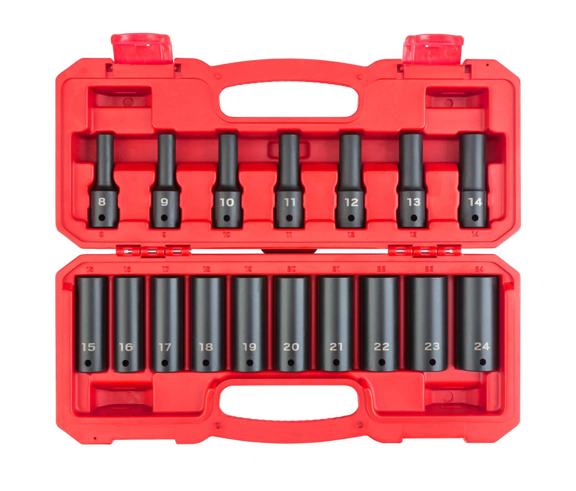 Front view of Tekton case impact drive 6-point socket set. Item #SID92329