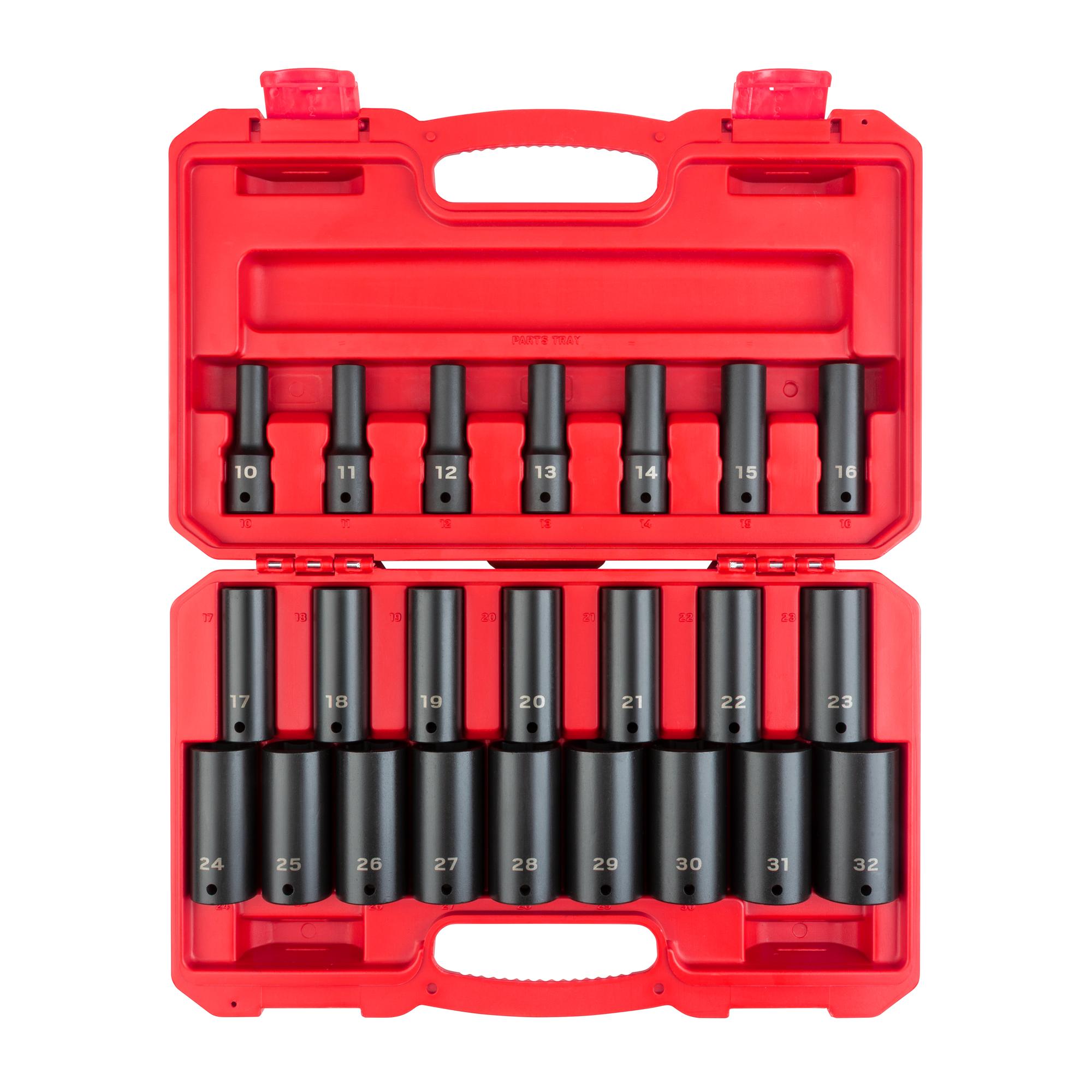Front view of Tekton case impact drive 6-point socket set. Item #SID92330