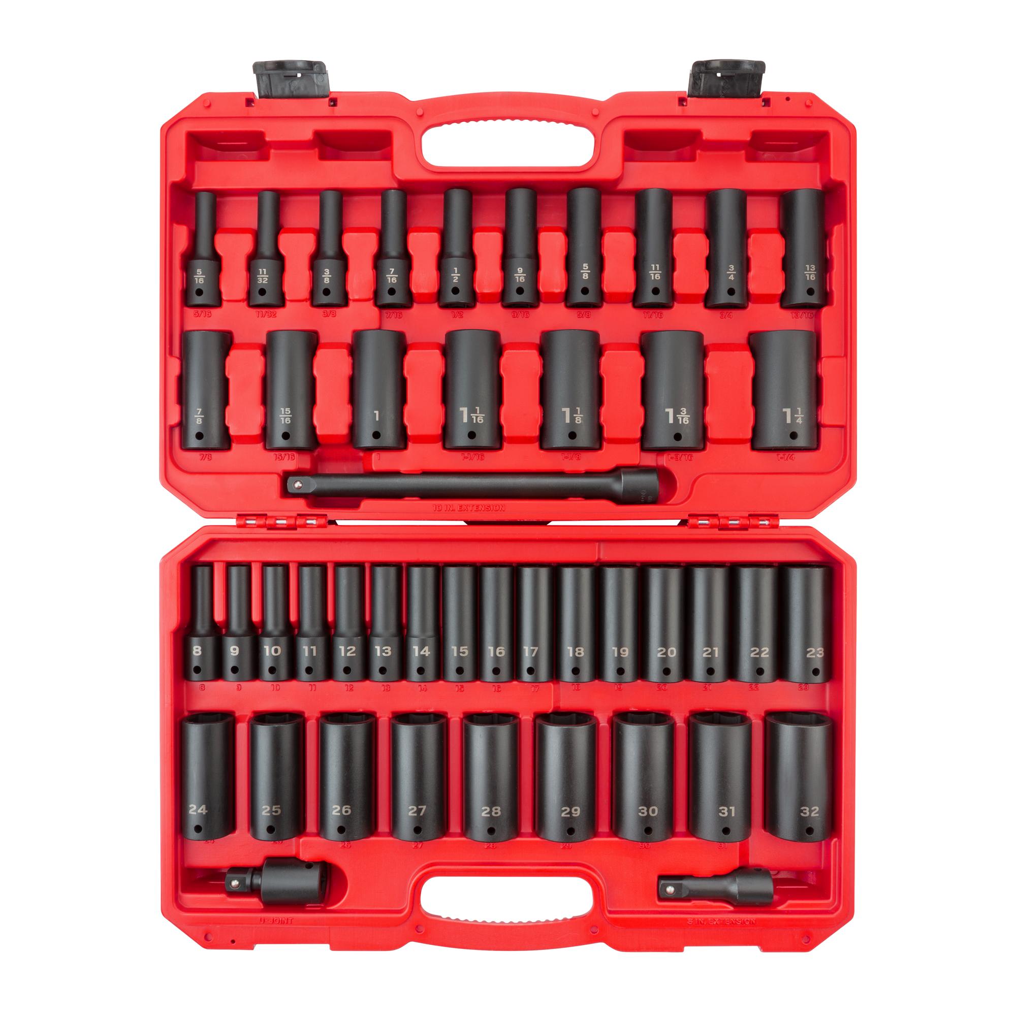 Front view of Tekton case impact drive 6-point socket set. Item #SID92404