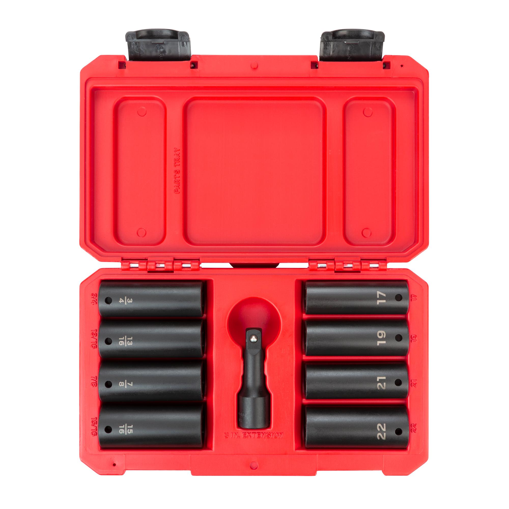 Front view of Tekton case impact drive 6-point socket set. Item #SID92415