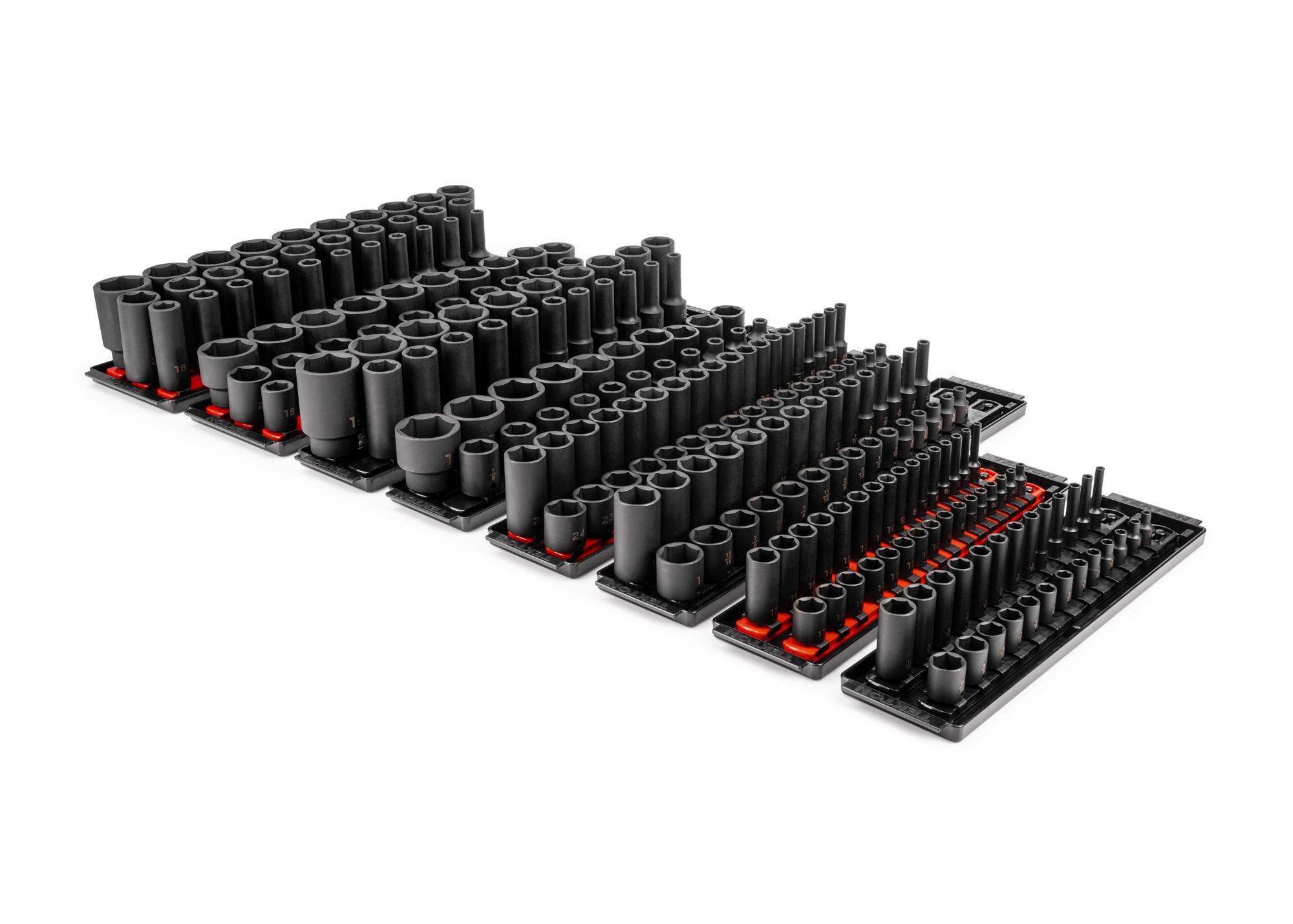 1/4, 3/8, 1/2 Inch Drive Shallow and Deep 6-Point Impact Socket Set with Rails and Trays (230-Piece)