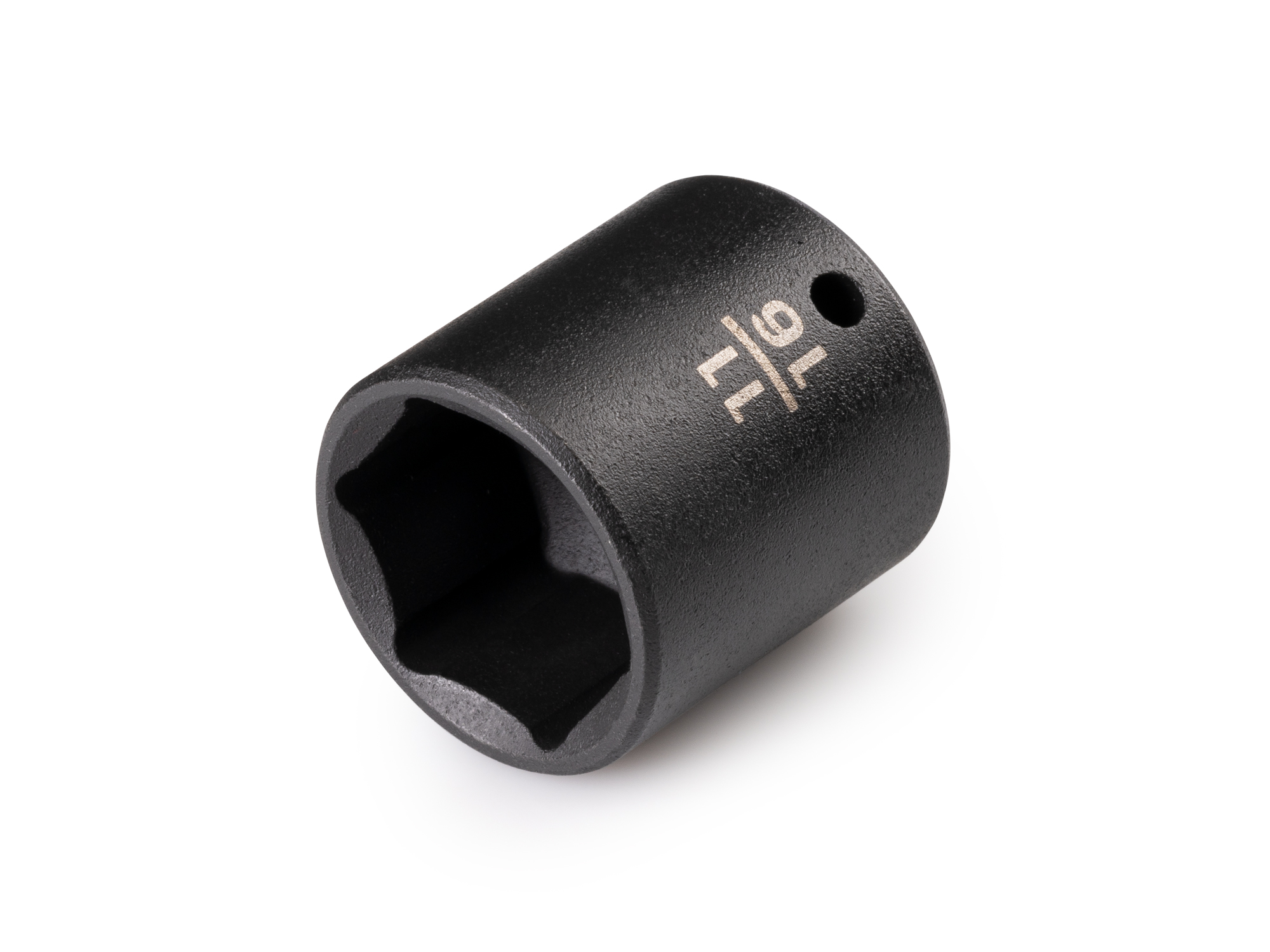 Size: 11/16 inch (SAE) 6-point impact socket. Has a high-visibility laser etched size marking and a permanent stamped size marking. SID02017.