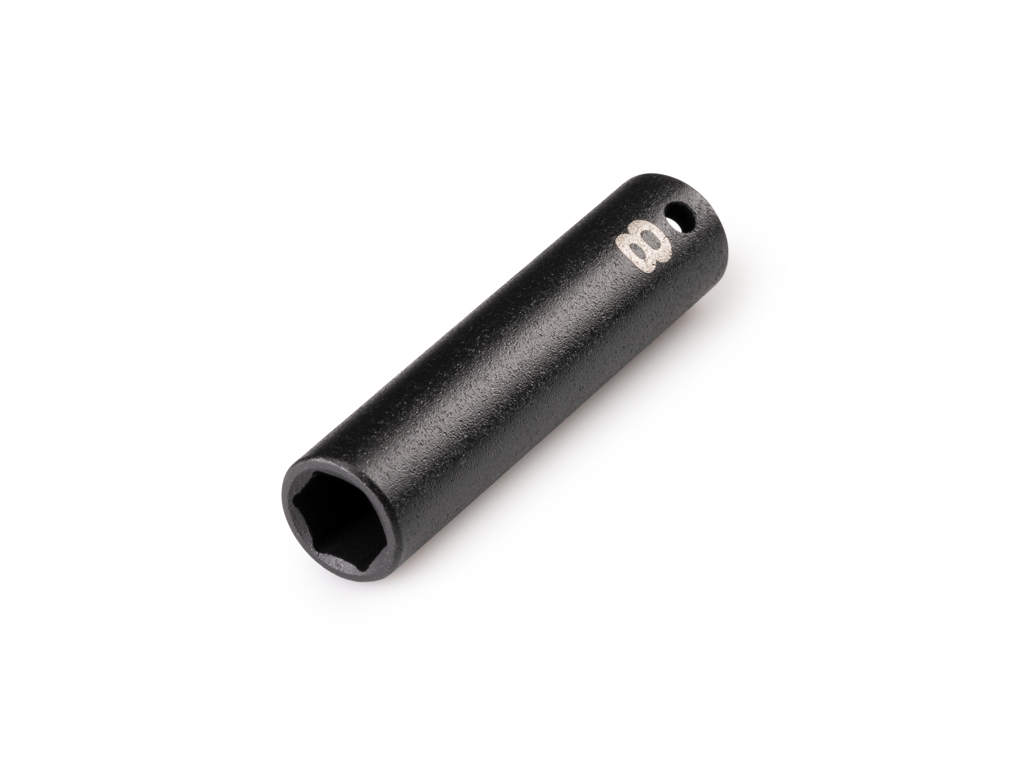 Size: 8 mm (metric) deep 6-point impact socket. Has a high-visibility laser etched size marking and a permanent stamped size marking. SID03108.