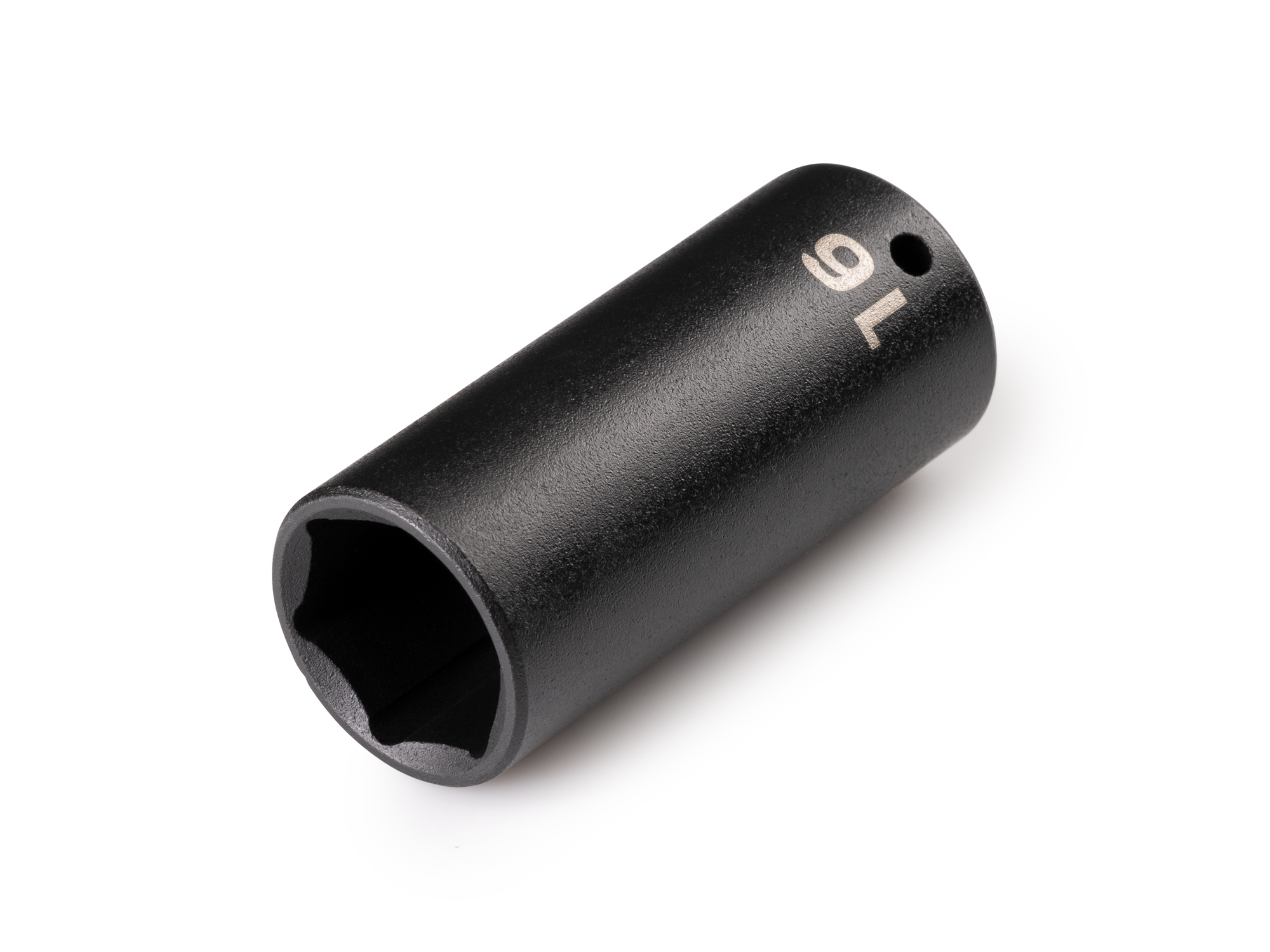 Size: 16 mm (metric) deep 6-point impact socket. Has a high-visibility laser etched size marking and a permanent stamped size marking. SID03116.