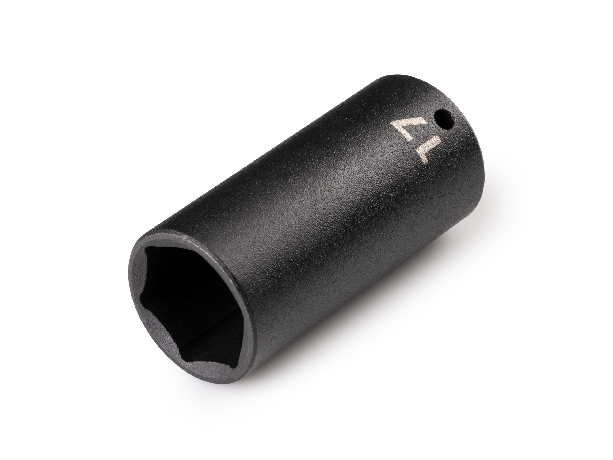 Size: 17 mm (metric) deep 6-point impact socket. Has a high-visibility laser etched size marking and a permanent stamped size marking. SID03117.