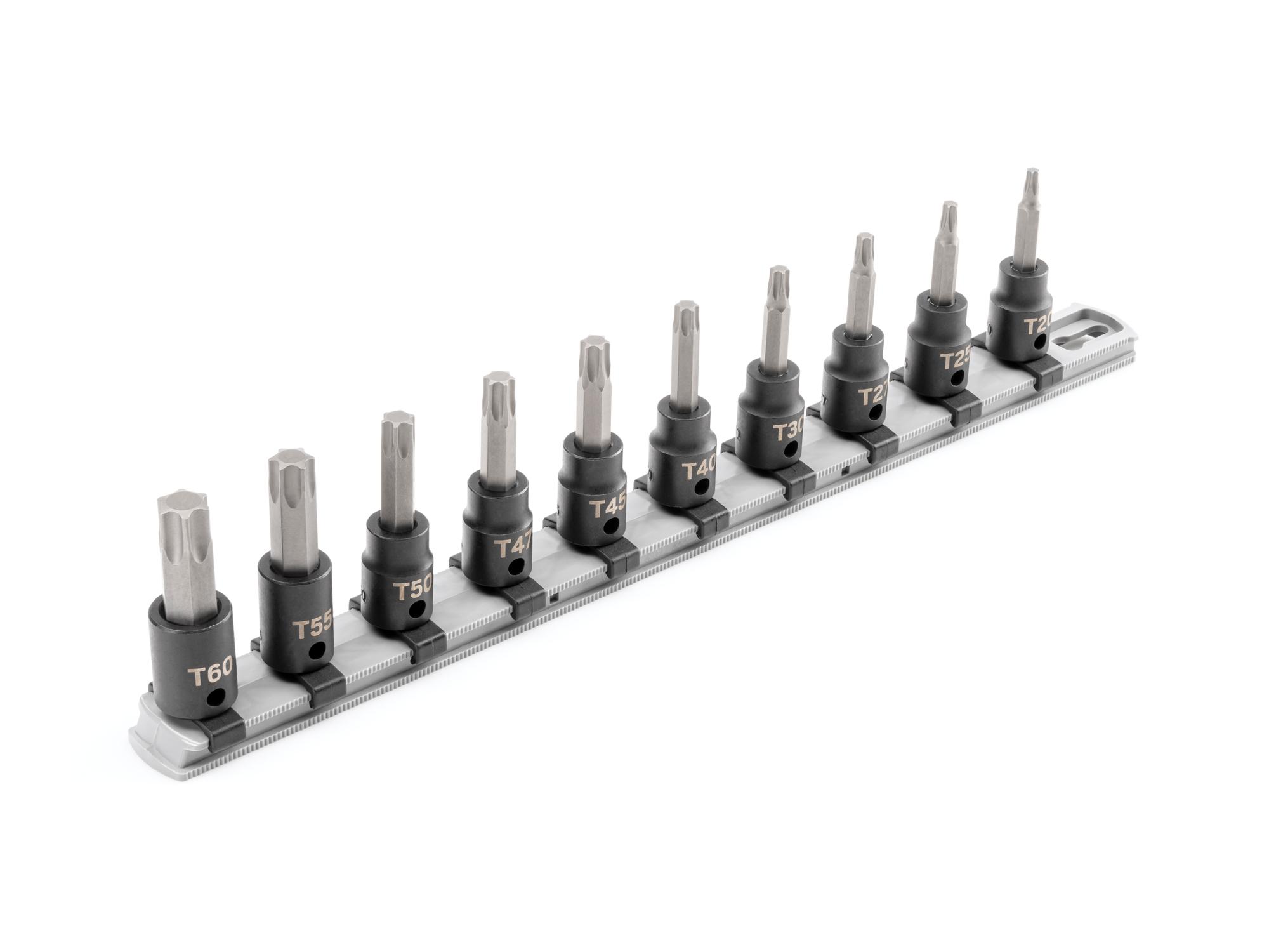 Front-right angle view of Tekton rail impact drive bit socket set. Item #SIB91103