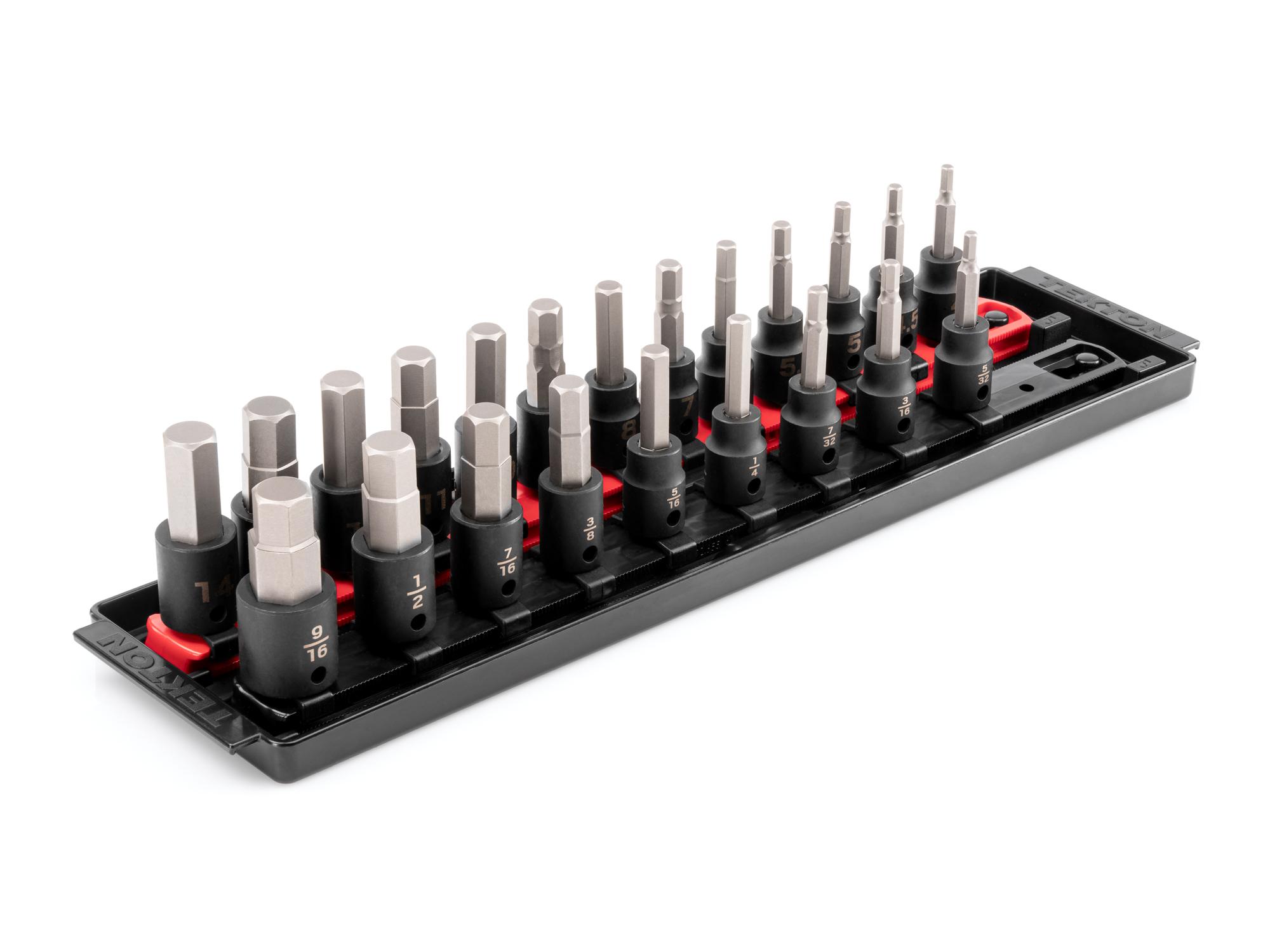 Front-right angle view of Tekton rail and tray impact drive bit socket set. Item #SIB91201