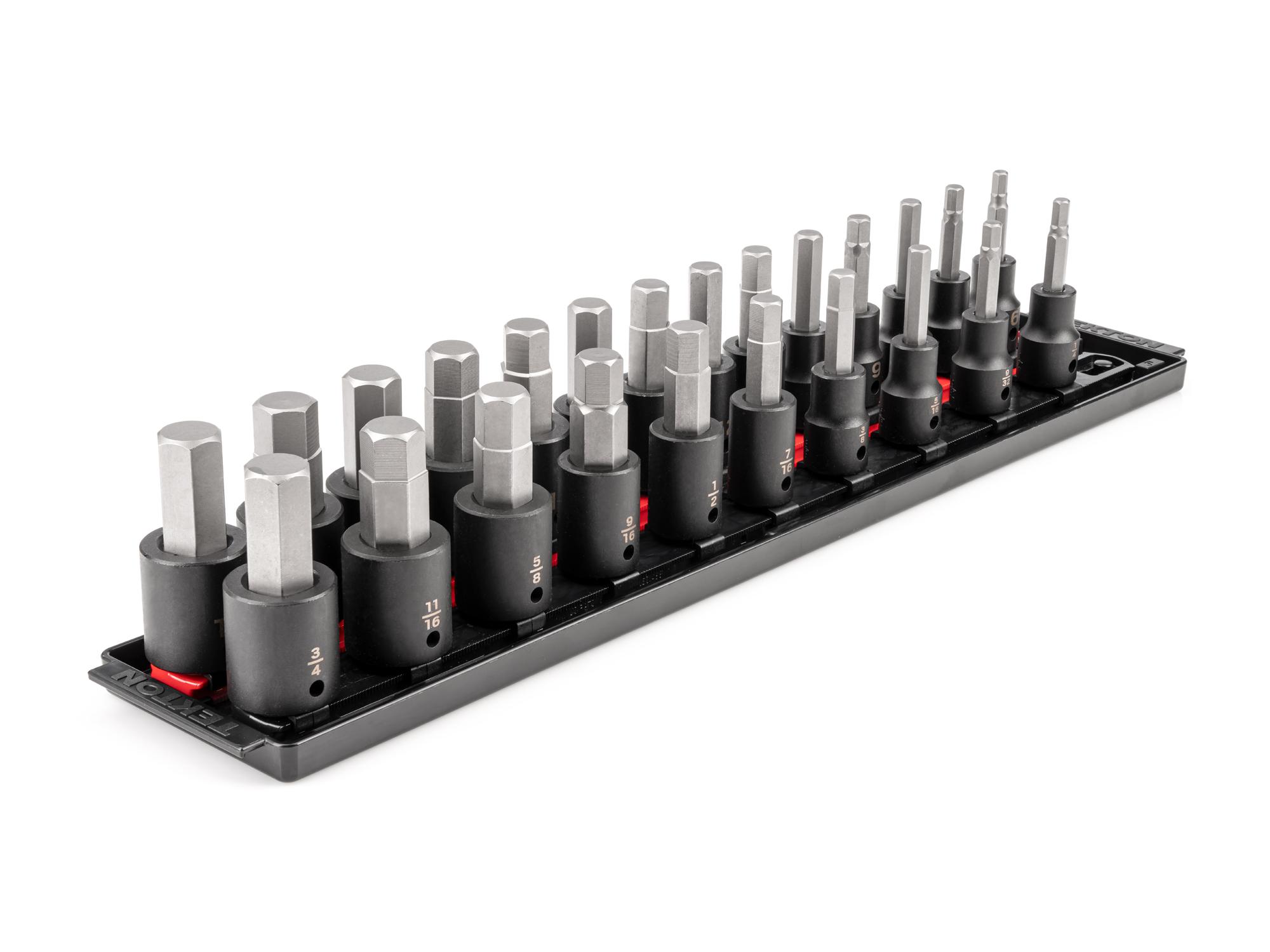 Front-right angle view of Tekton rail and tray impact drive bit socket set. Item #SIB92201
