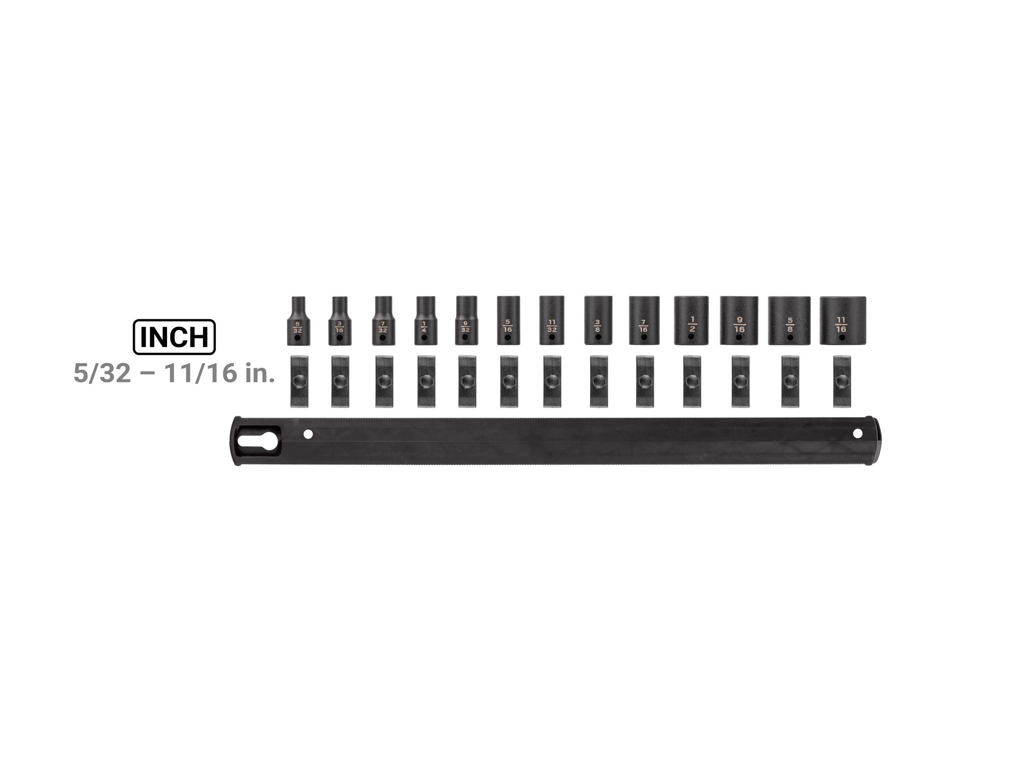Laid out contents of Tekton rail impact drive 12-point socket set. Item #SID90104