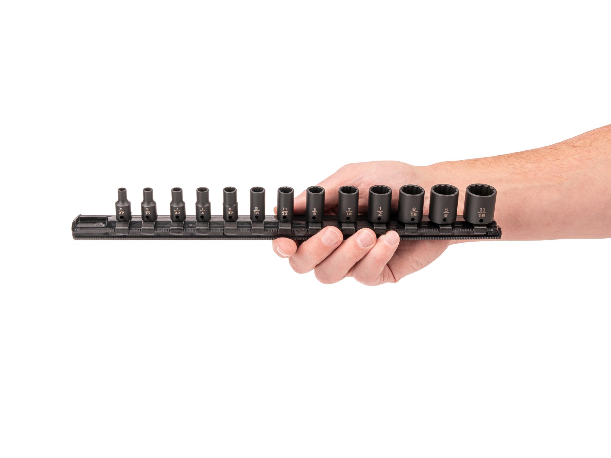 Person holding Tekton rail impact drive 12-point socket set. Item #SID90104