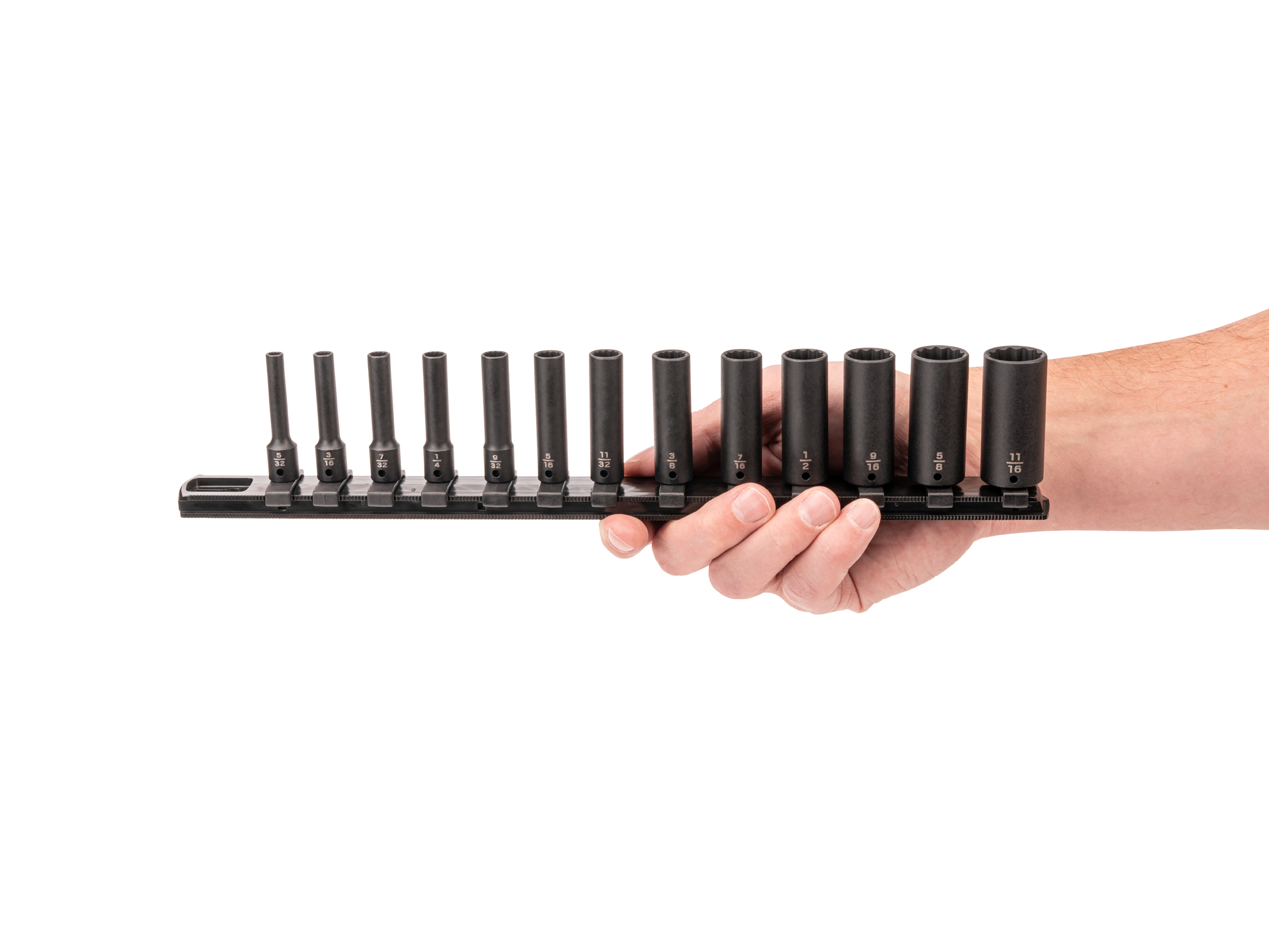 13-piece set includes 5/32–11/16 inch (SAE) deep 12-point impact sockets with rail organization. No skipped sizes. SID90105.