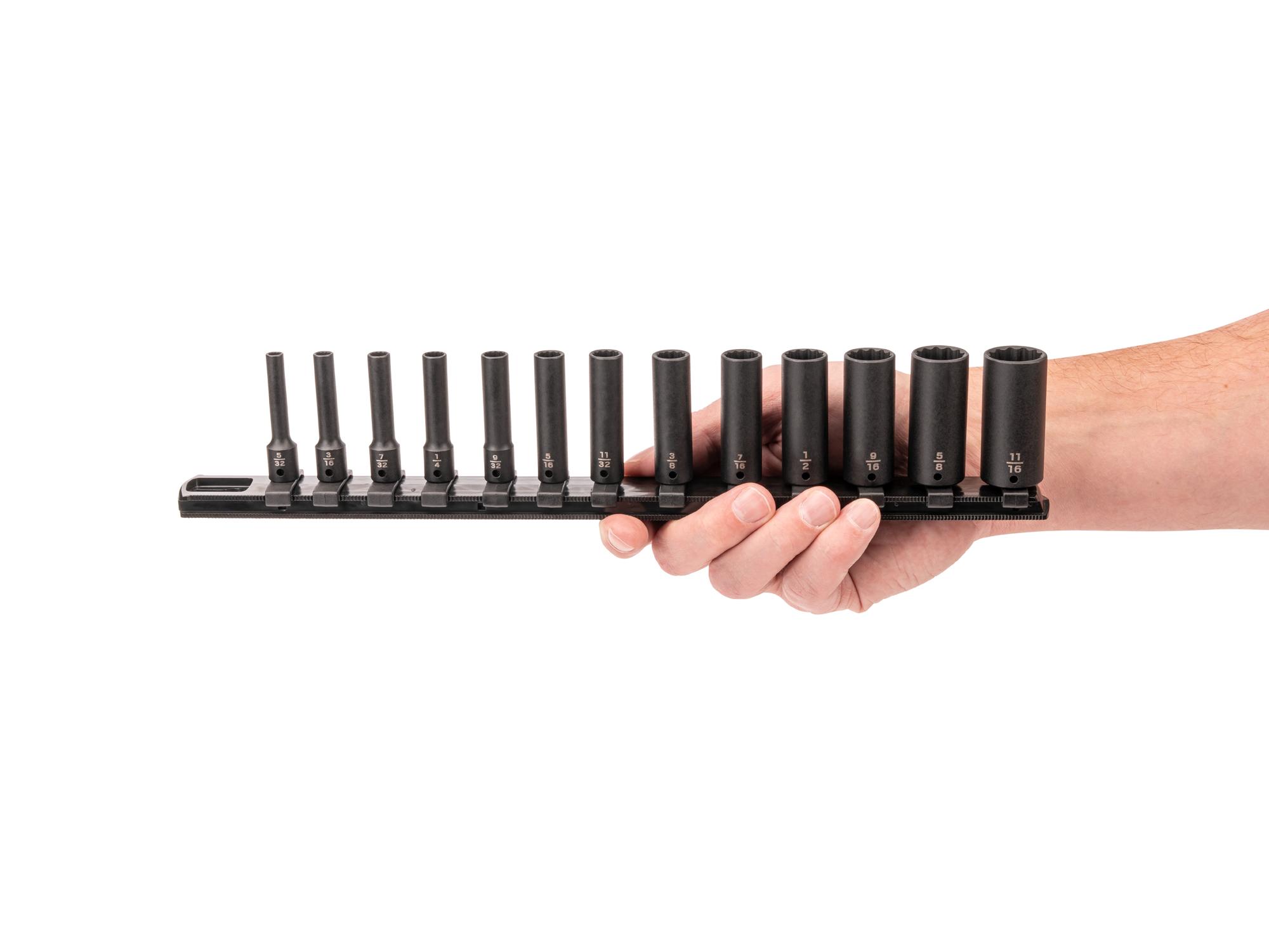 Person holding Tekton rail impact drive 12-point socket set. Item #SID90105