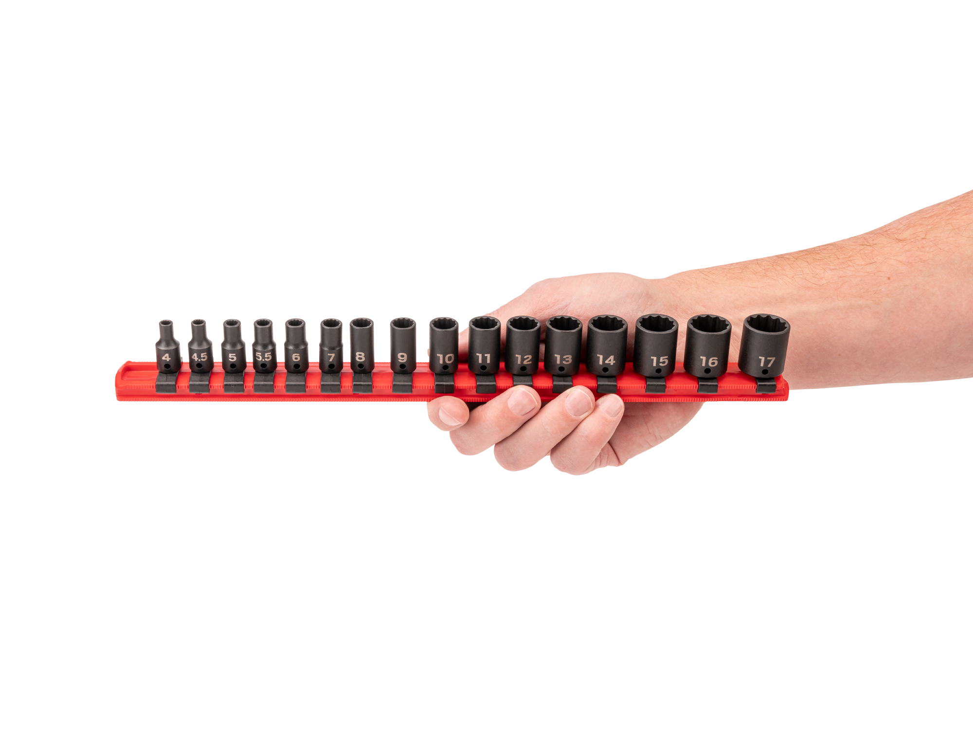 16-piece set includes 4–17 mm (metric) 12-point impact sockets with rail organization. No skipped sizes. SID90106.