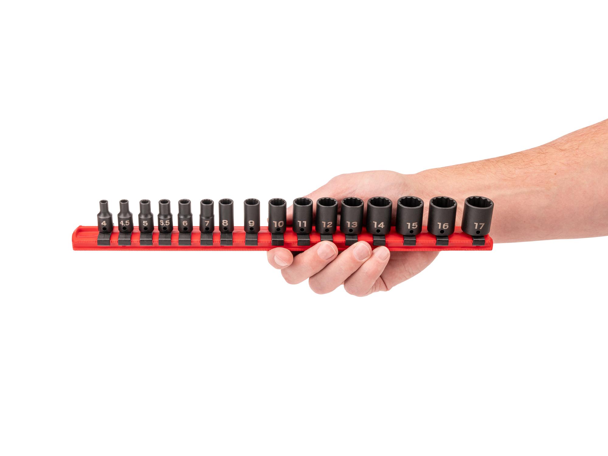 Person holding Tekton rail impact drive 12-point socket set. Item #SID90106