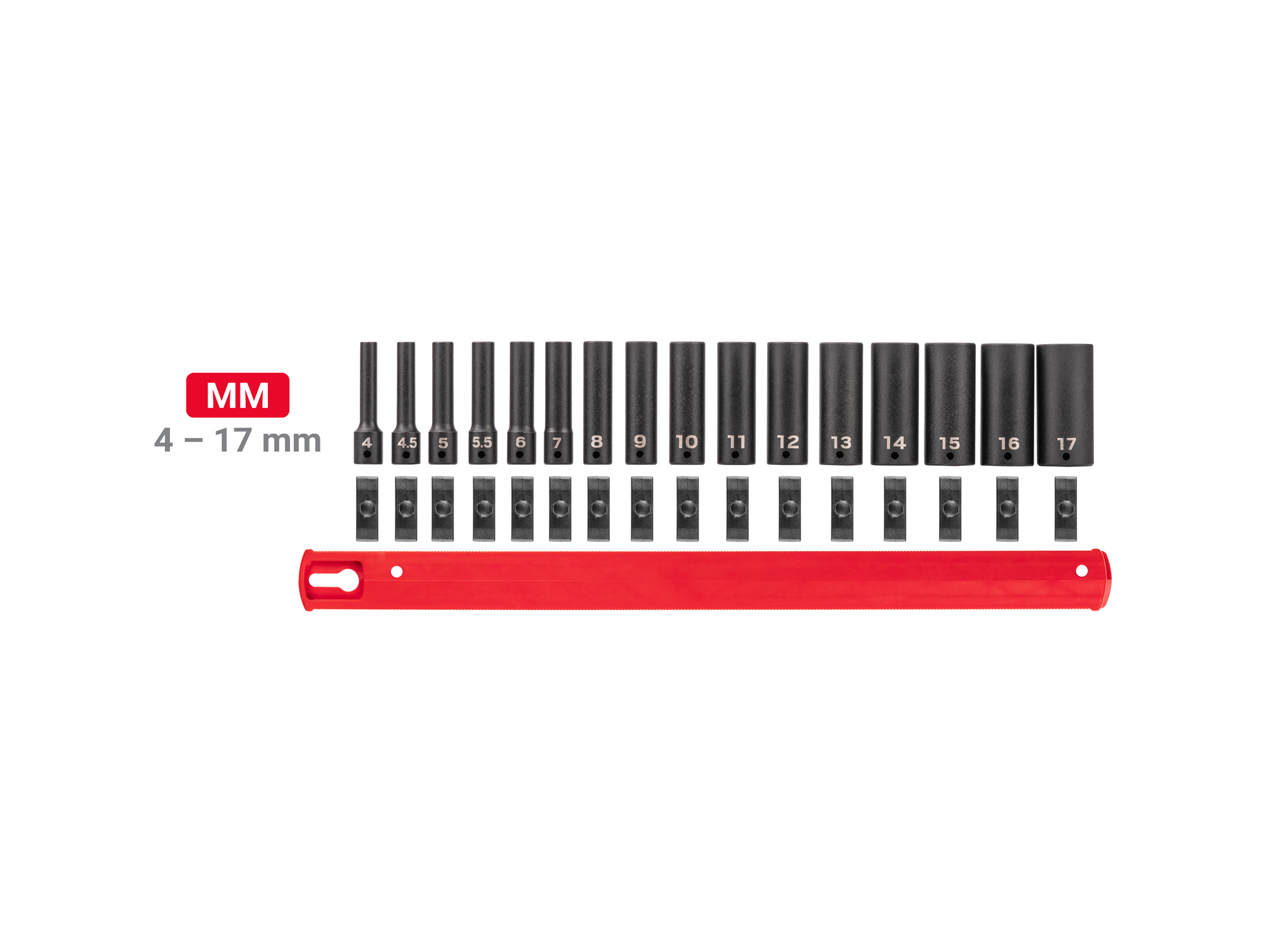 16-piece set includes 4–17 mm (metric) deep 6-point impact sockets with rail organization. No skipped sizes. SID90103.