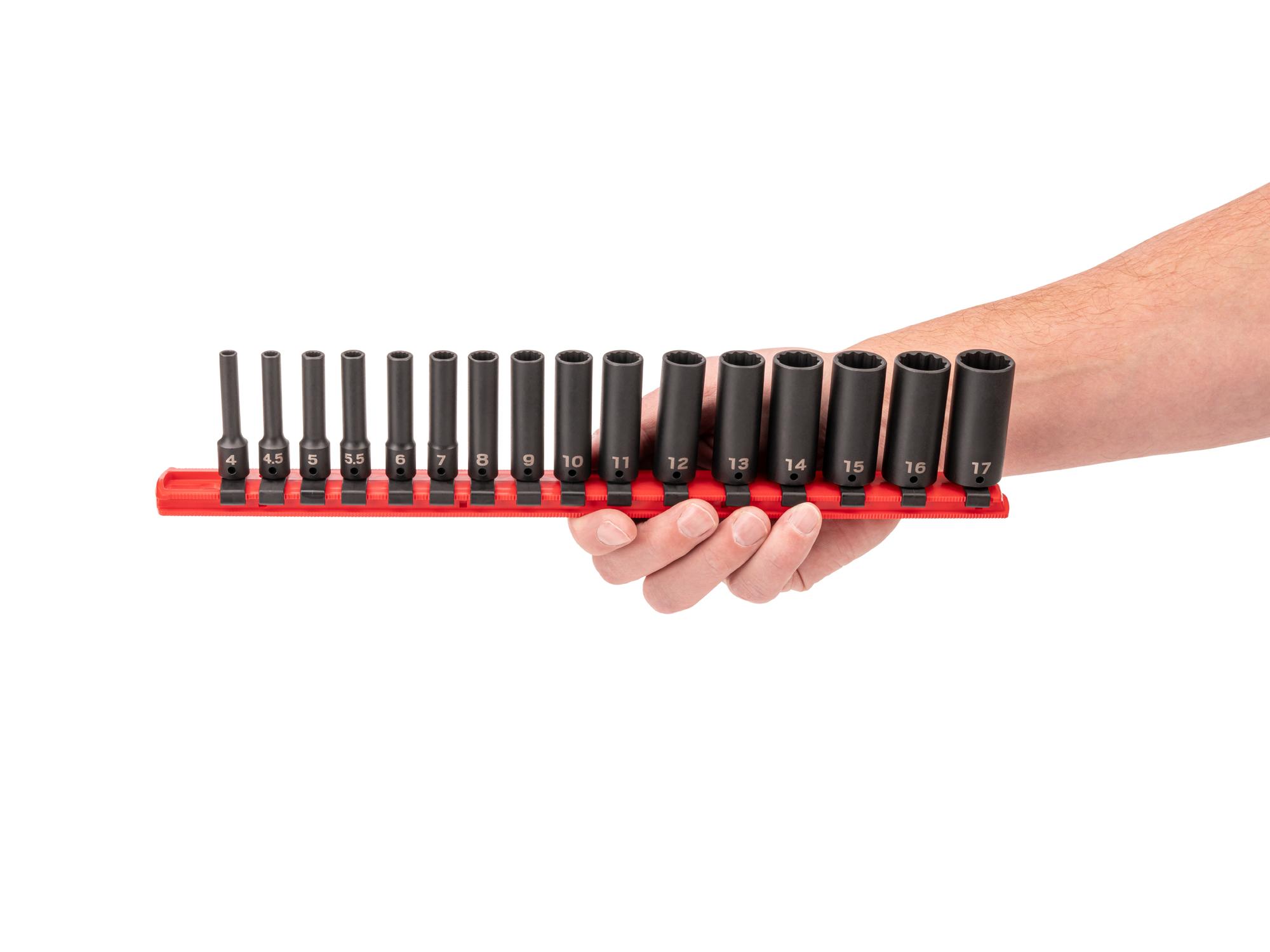 Person holding Tekton rail impact drive 12-point socket set. Item #SID90107