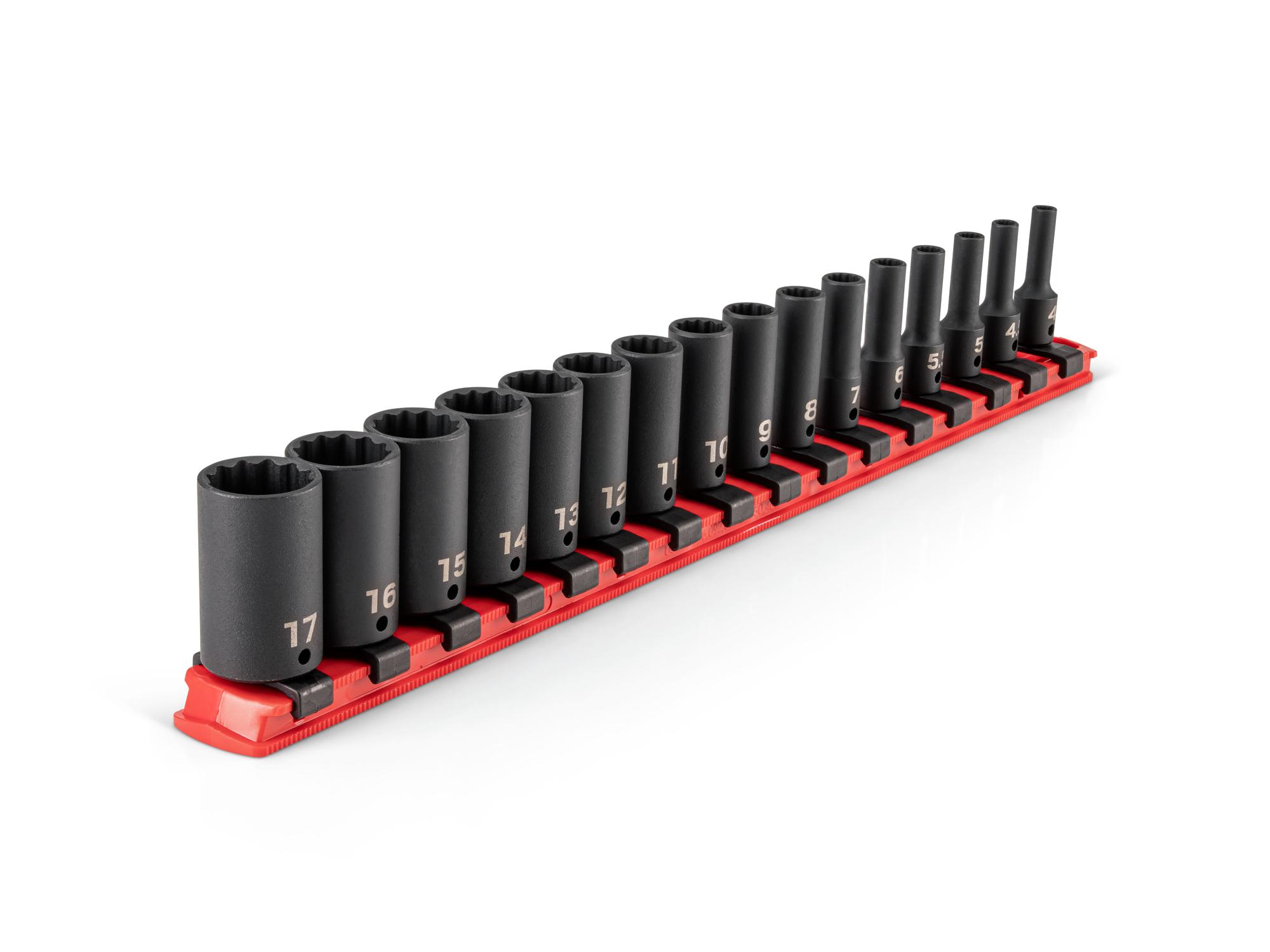 1/4 Inch Drive Semi-Deep 12-Point Impact Socket Set with Rail (16-Piece)