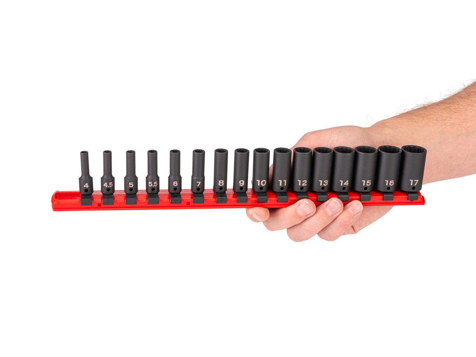Person holding Tekton rail impact drive 12-point socket set. Item #SID90110