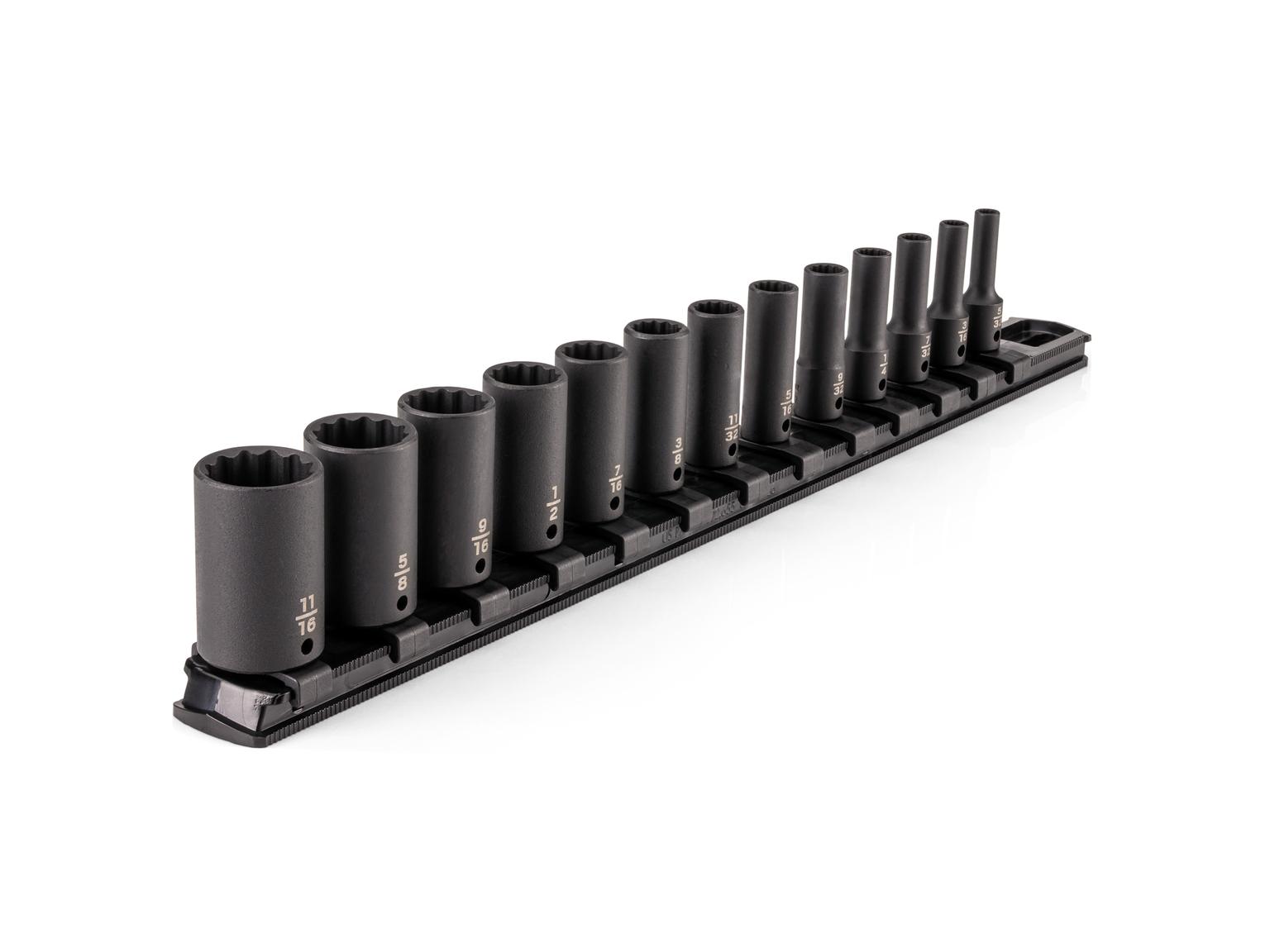 TEKTON 1/4 Inch Drive Semi-Deep 12-Point Impact Socket Set with Rail, 13-Piece (5/32 - 11/16 in.)