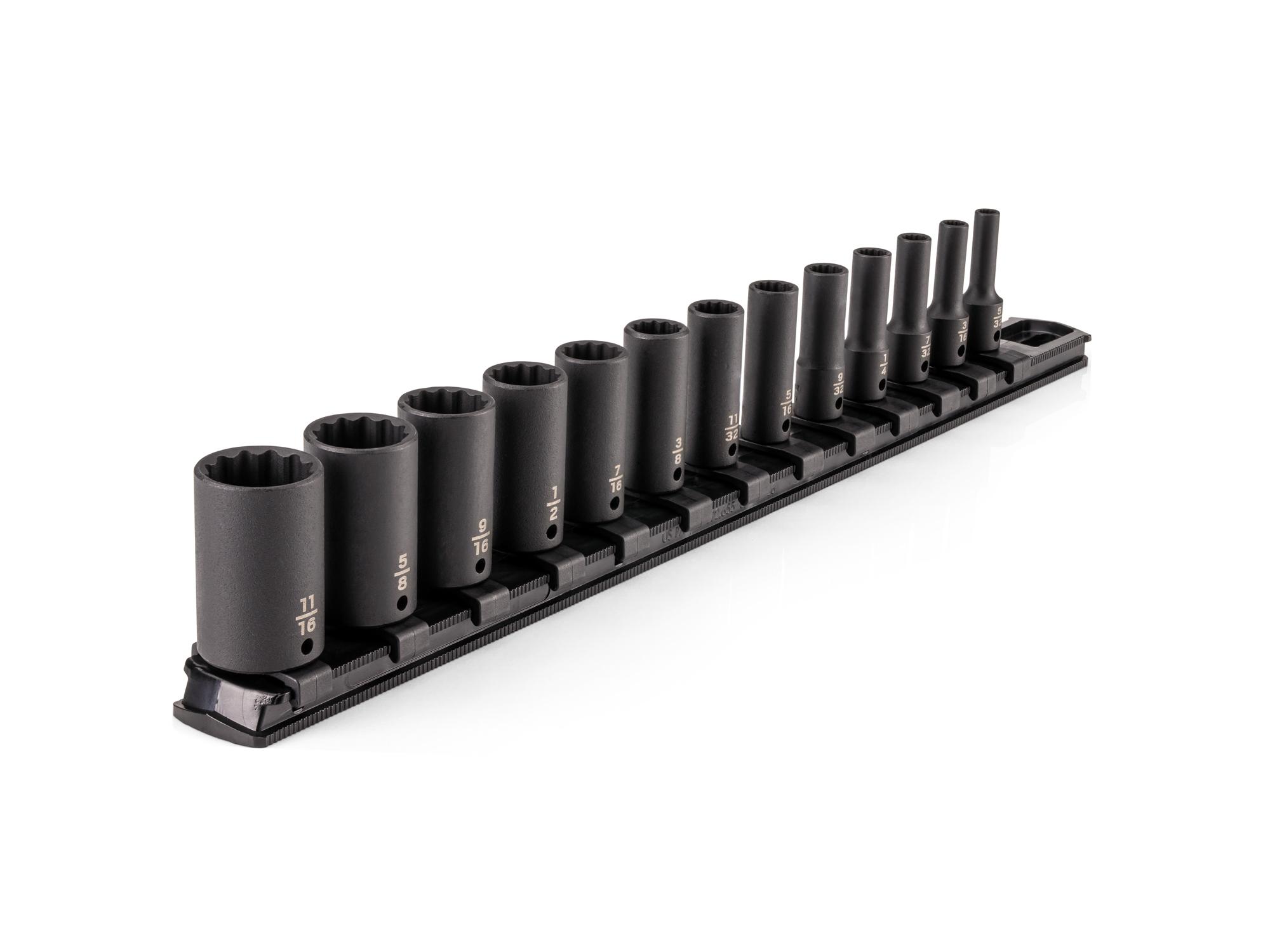 1/4 Inch Drive Semi-Deep 12-Point Impact Socket Set with Rail (13-Piece)