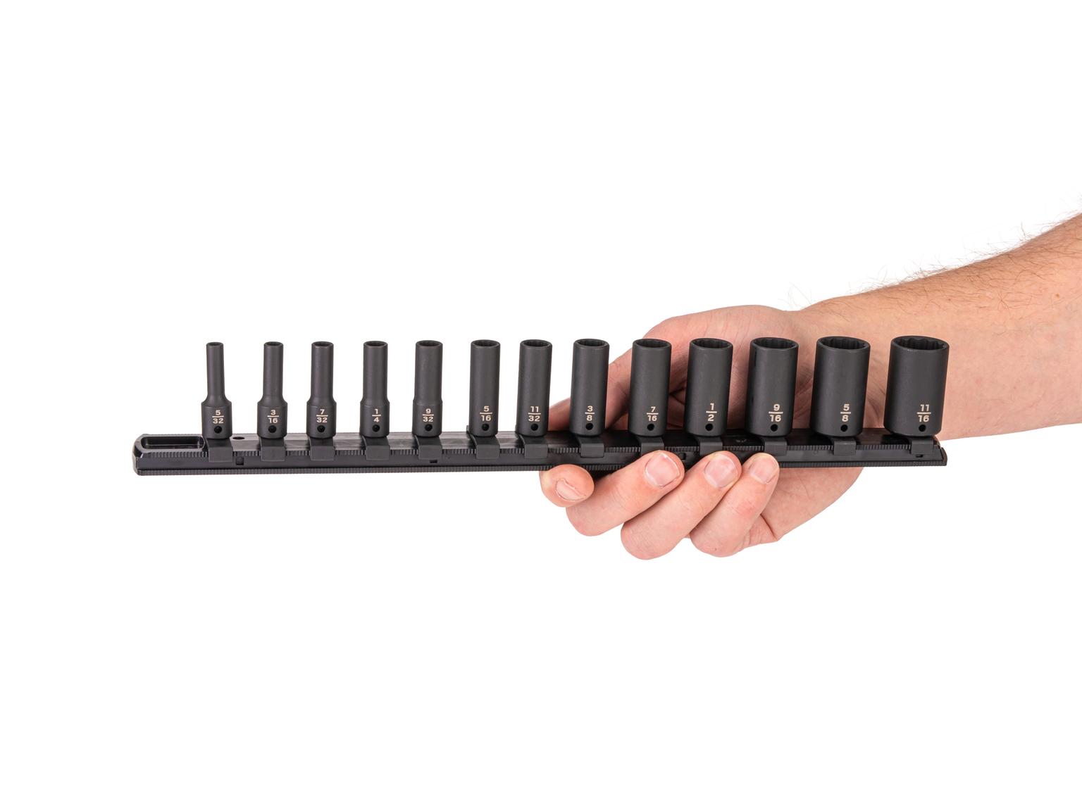 Person holding Tekton rail impact drive 12-point socket set. Item #SID90111