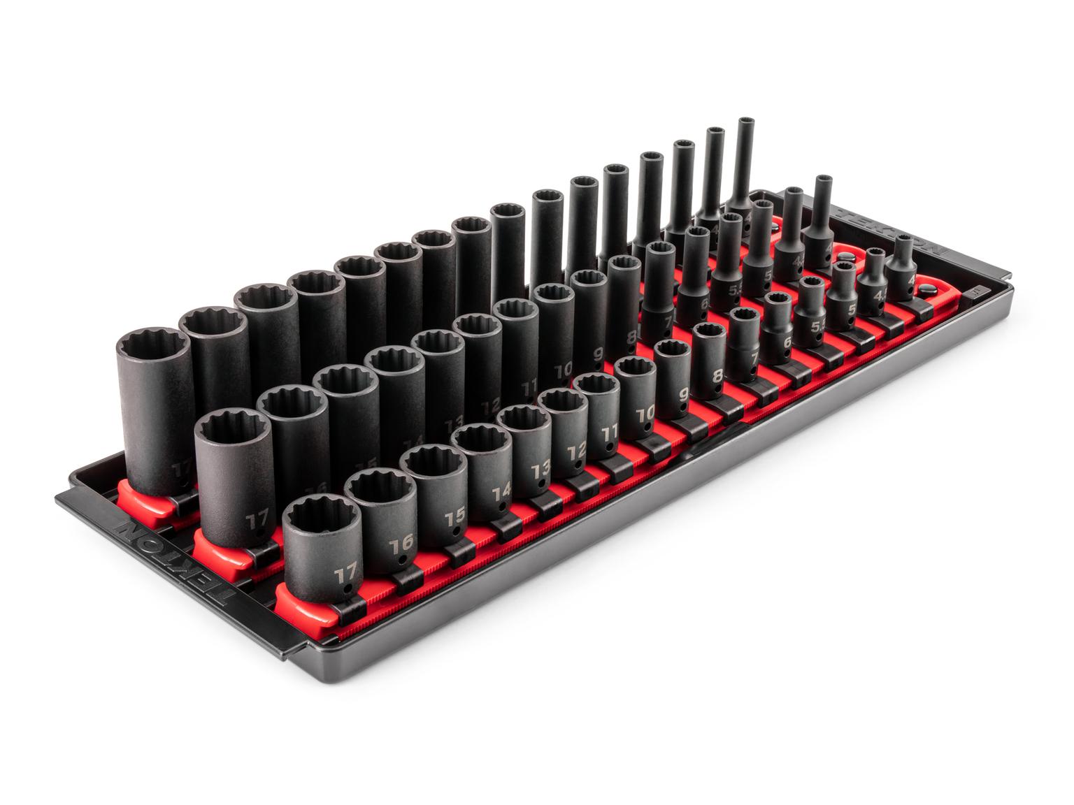 TEKTON 1/4 Inch Drive Shallow, Semi-Deep, and Deep 12-Point Impact Socket Set with Rails and Trays, 49-Piece (4 - 17 mm)