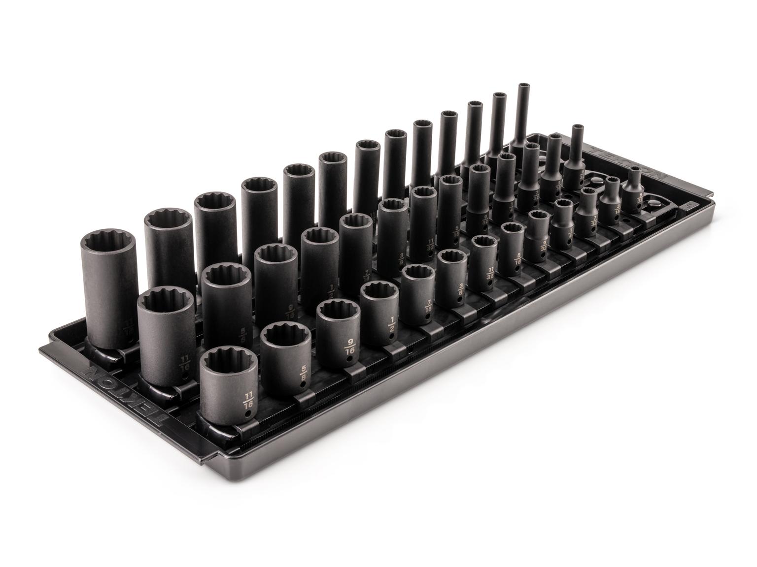 TEKTON 1/4 Inch Drive Shallow, Semi-Deep, and Deep 12-Point Impact Socket Set with Rails and Trays, 39-Piece (5/32 - 11/16 in.)