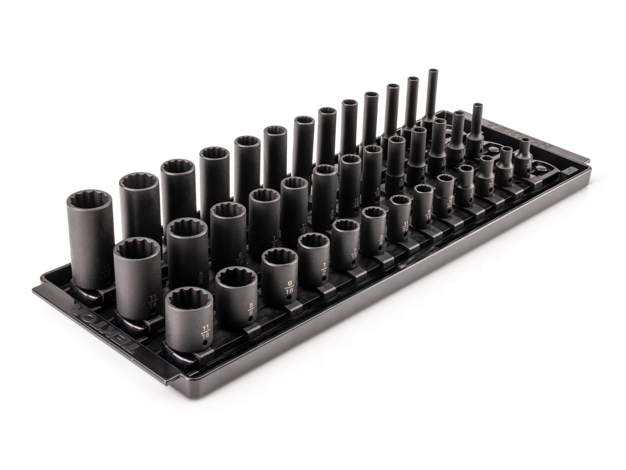 1/4 Inch Drive Shallow, Semi-Deep, and Deep 12-Point Impact Socket Set with Rails and Tray (39-Piece)