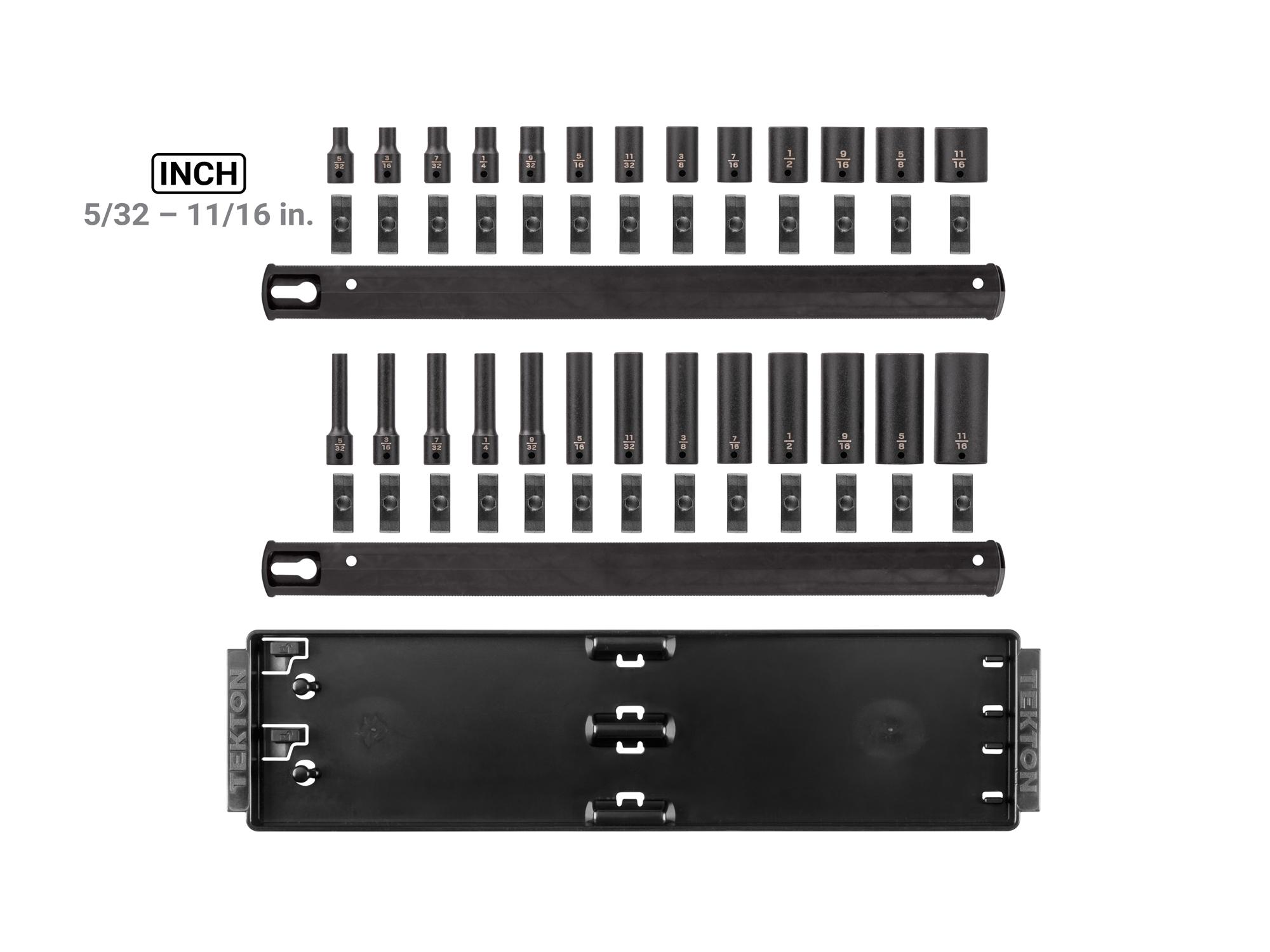 Laid out contents of Tekton rail impact drive 12-point socket set. Item #SID90203