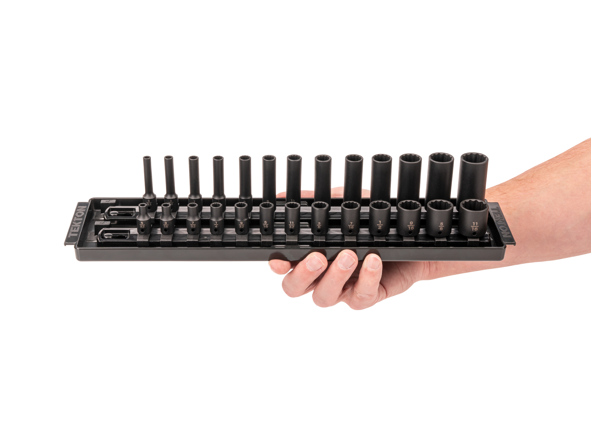 26-piece set includes 5/32–11/16 inch (SAE) standard and deep length 12-point impact sockets with rail and tray organization. No skipped sizes. SID90203.