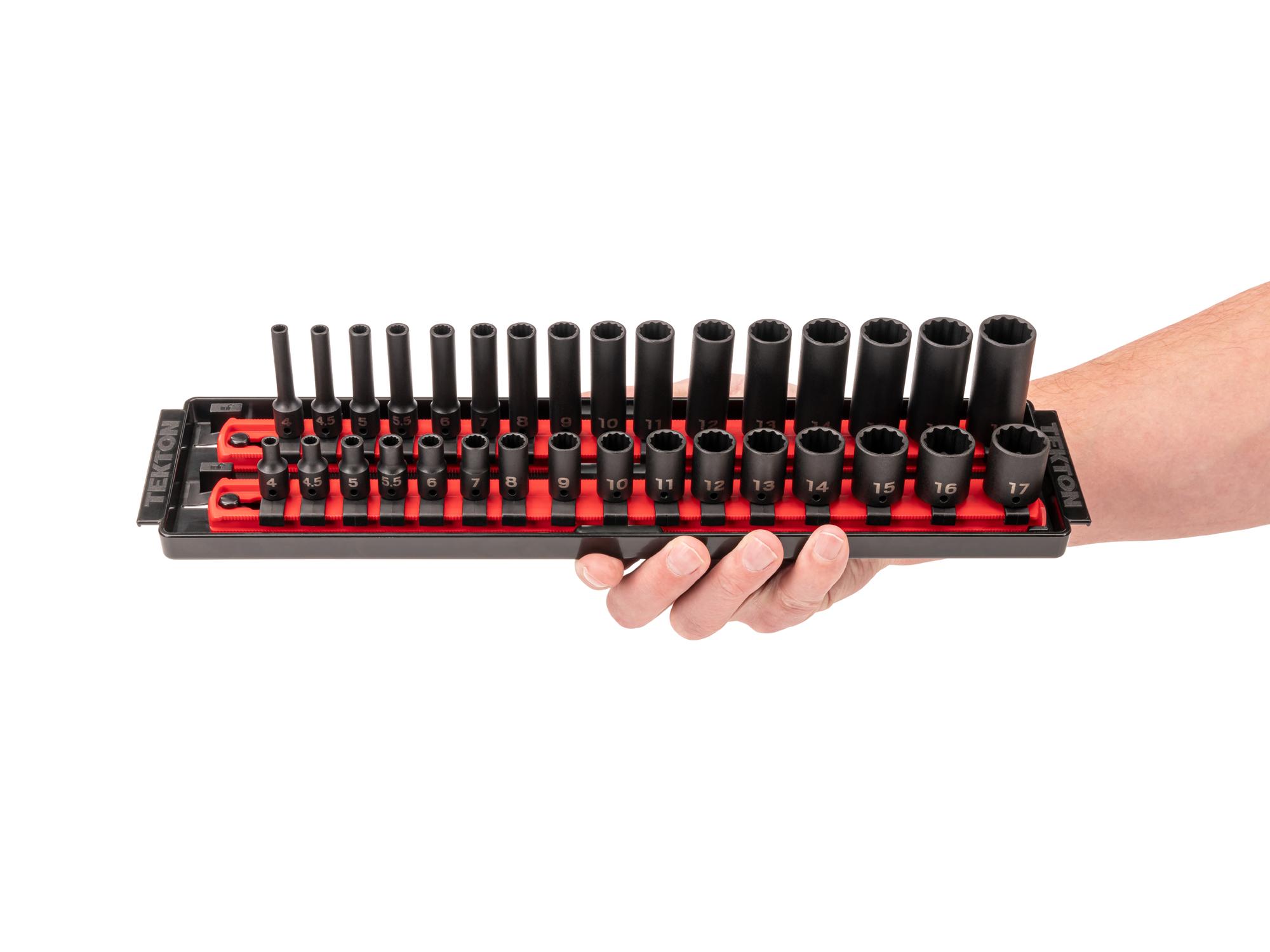 Person holding Tekton rail impact drive 12-point socket set. Item #SID90205