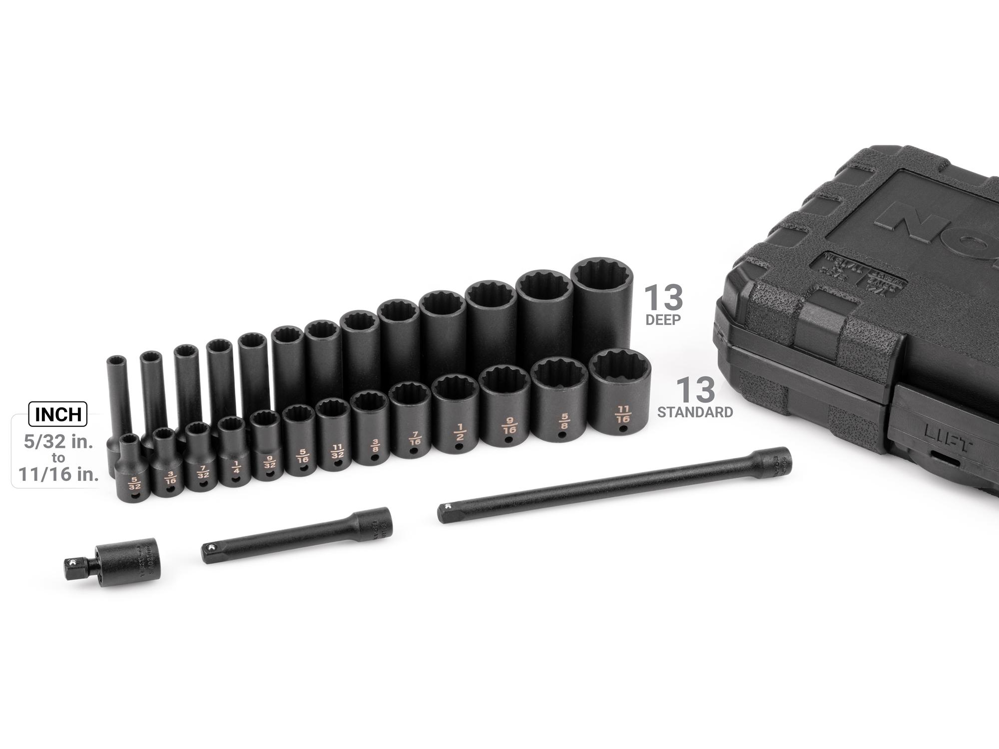 Laid out contents of Tekton case impact drive 12-point socket set. Item #SID90404