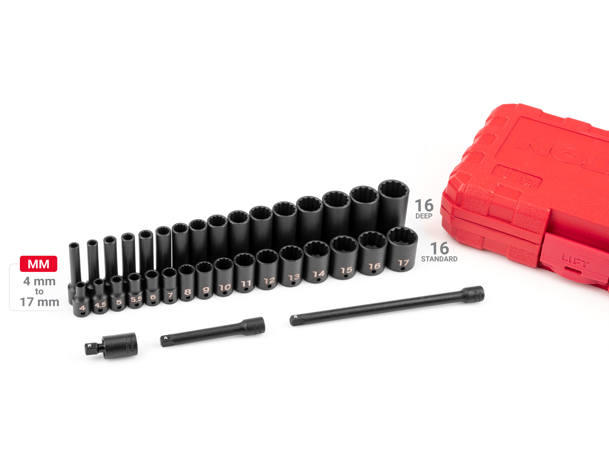 35-piece set includes 4–17 mm (metric) standard and deep length 12-point impact sockets, extensions, and impact universal joint in carrying case. SID90404.