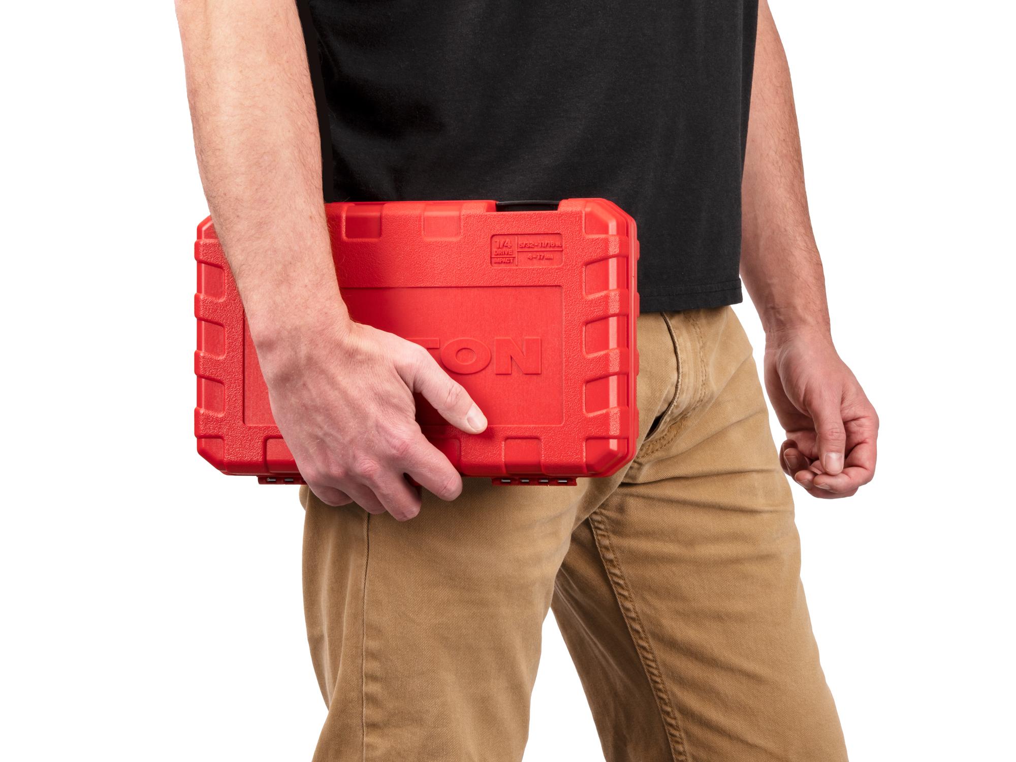 Person holding Tekton case impact drive 6-point socket set. Item #SID90403