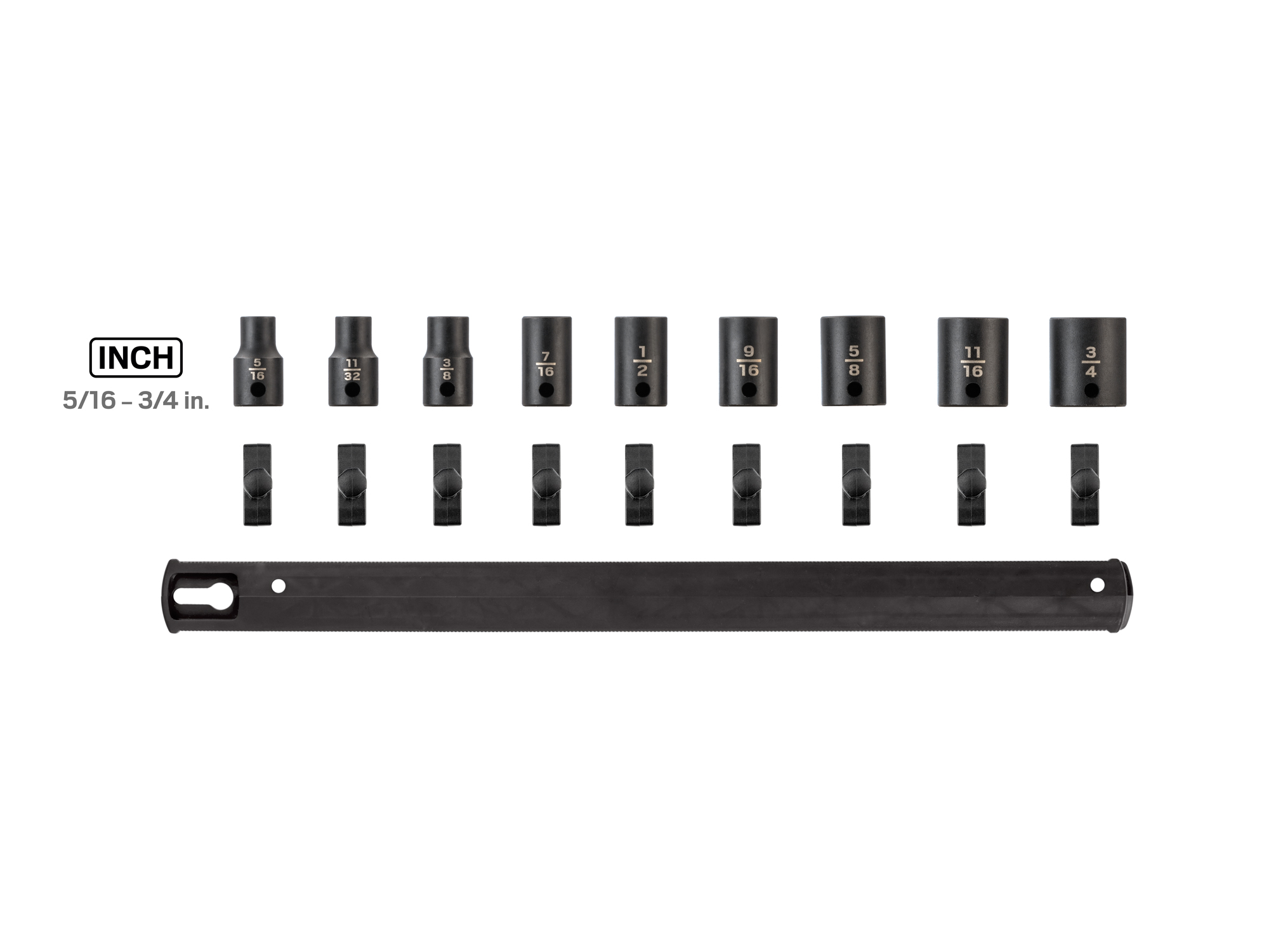 Includes: 5/16 - 3/4 inch (SAE) 12-point standard-length impact sockets. No skipped sizes. Comes with rail storage. SID91108.