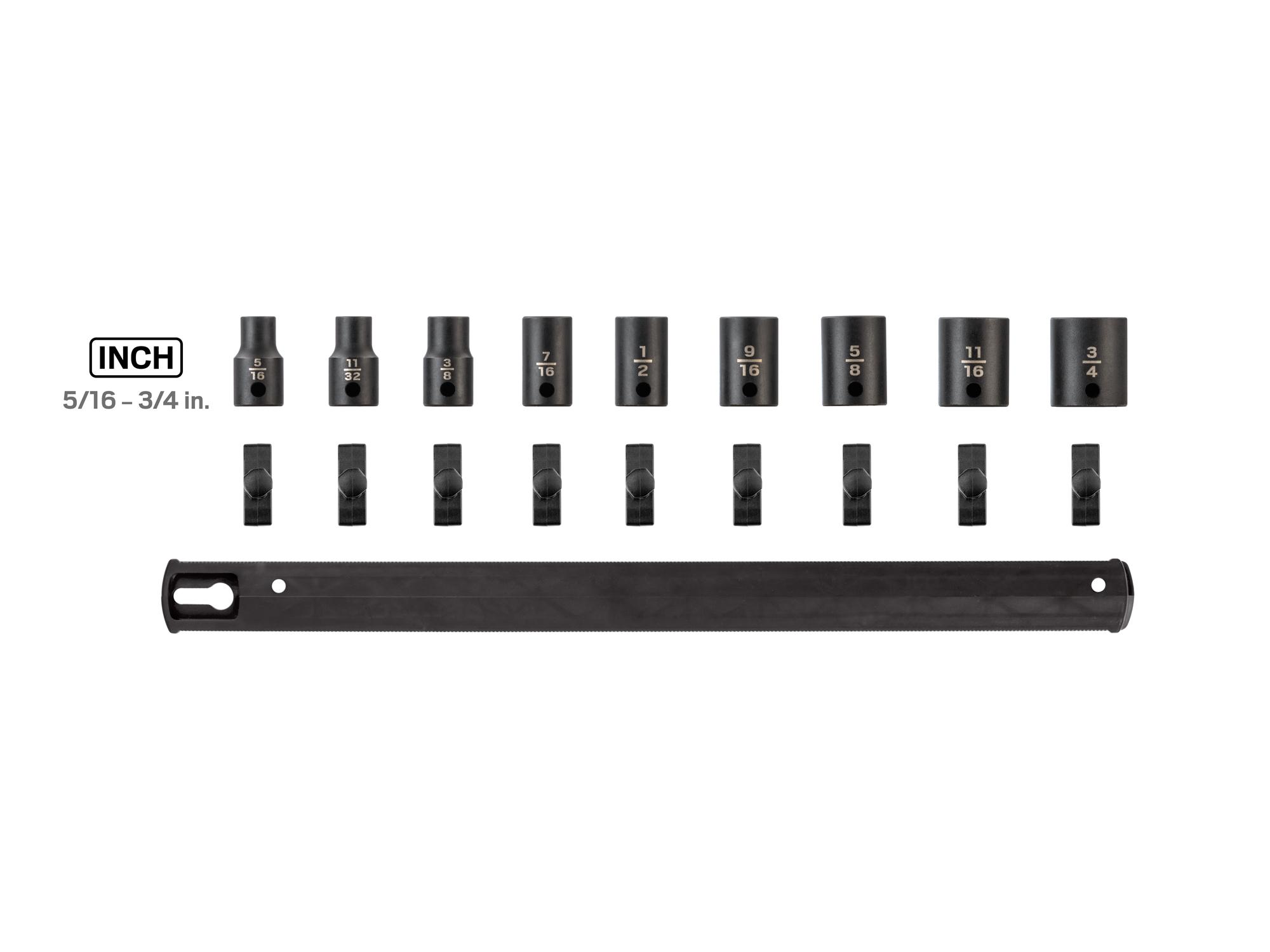 Laid out contents of Tekton rail impact drive 12-point socket set. Item #SID91108
