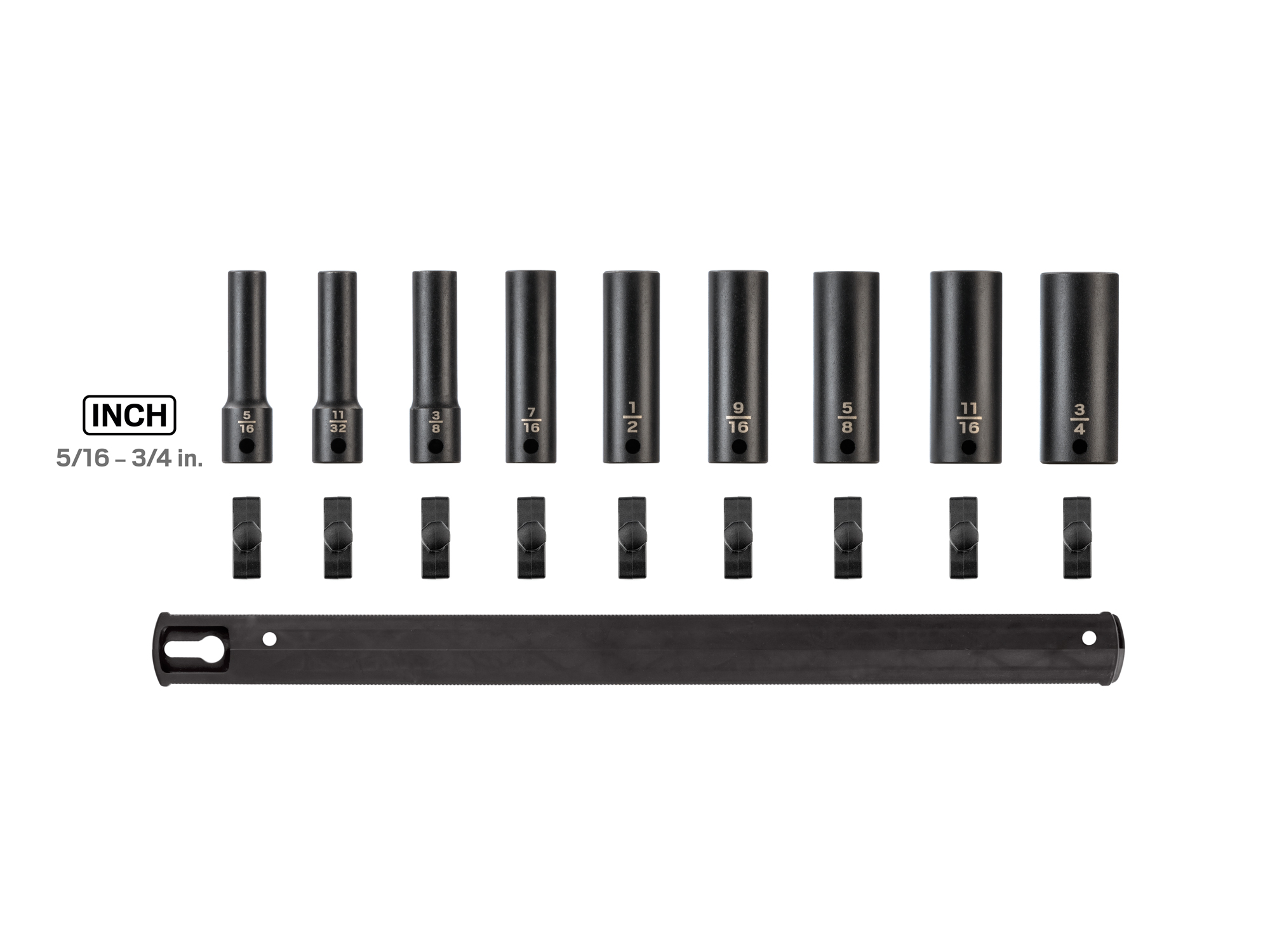 Includes: 5/16 - 3/4 inch (SAE) 12-point deep impact sockets. No skipped sizes. Comes with rail storage. SID91109.