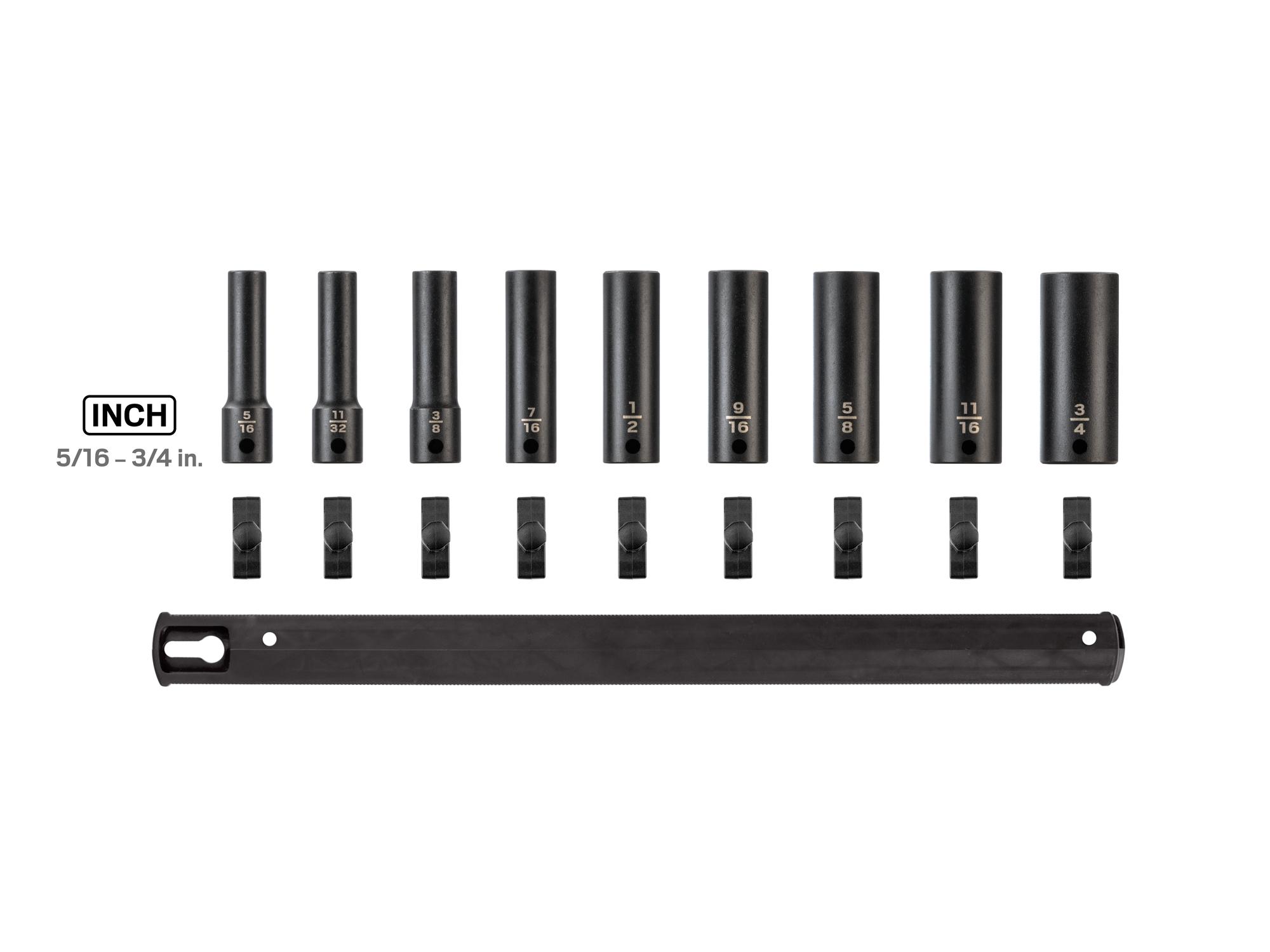Laid out contents of Tekton rail impact drive 12-point socket set. Item #SID91109