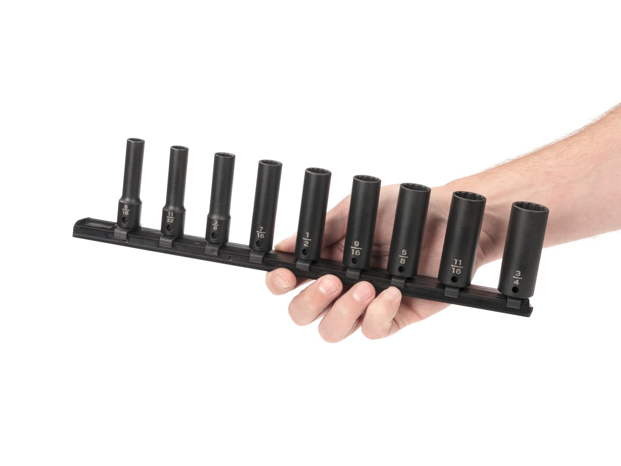 Person holding Tekton rail impact drive 12-point socket set. Item #SID91109