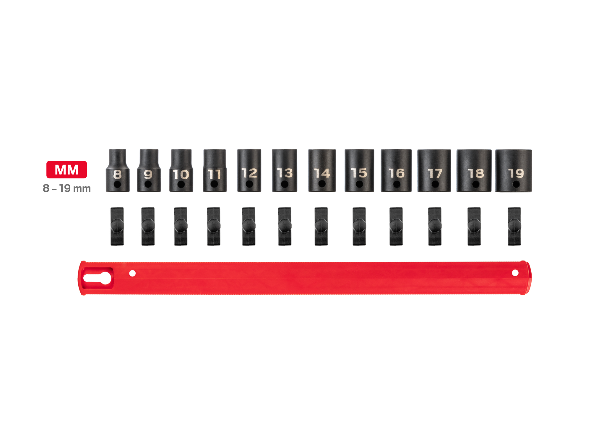 Includes: 8 - 19 mm (Metric) 12-point standard-length impact sockets. No skipped sizes. Comes with rail storage. SID91110.