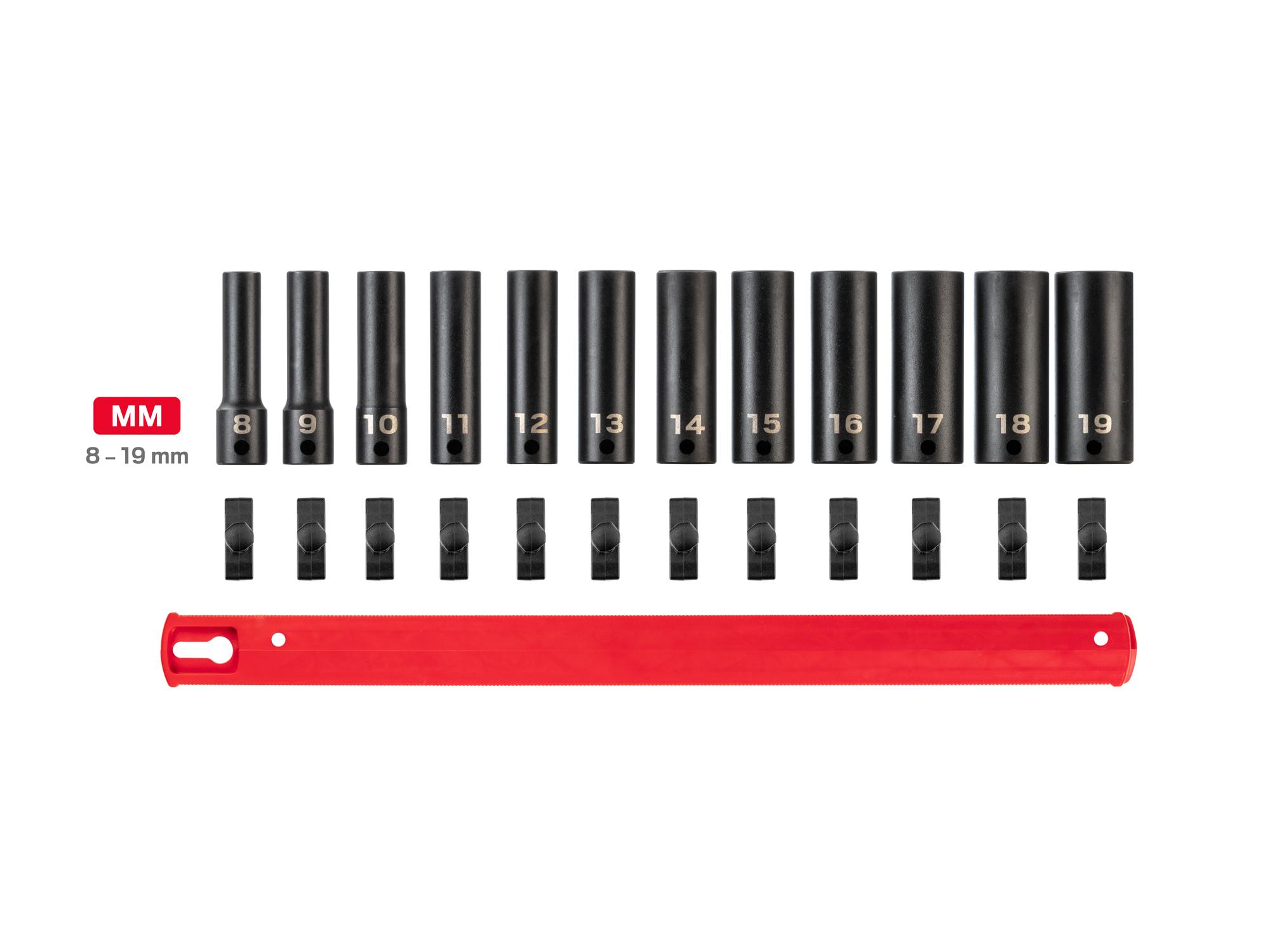 Laid out contents of Tekton rail impact drive 12-point socket set. Item #SID91111