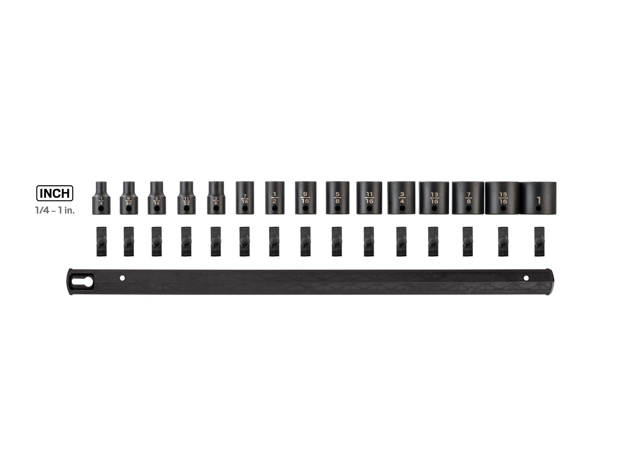 Laid out contents of Tekton rail impact drive 12-point socket set. Item #SID91112