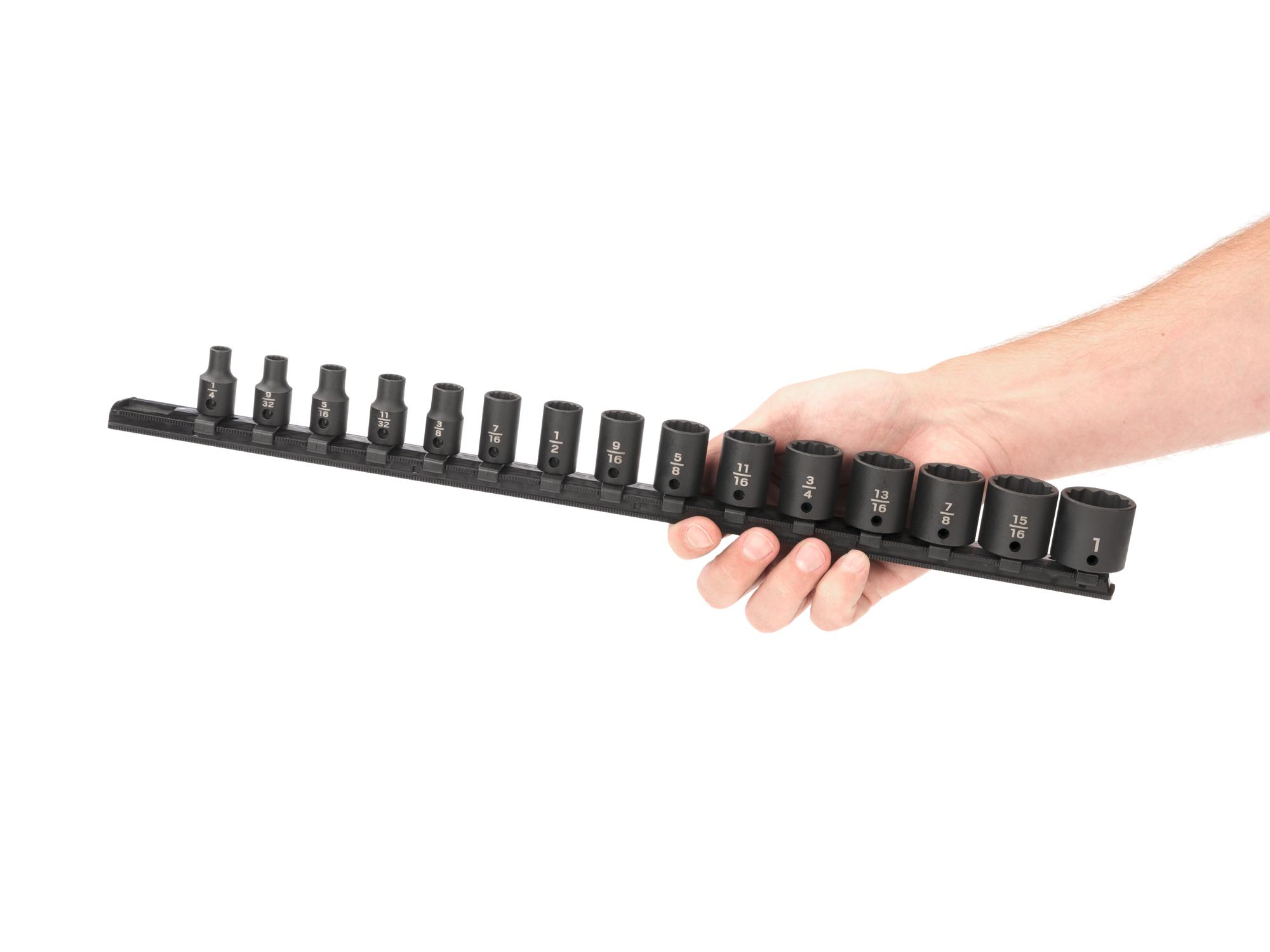Person holding Tekton rail impact drive 12-point socket set. Item #SID91112