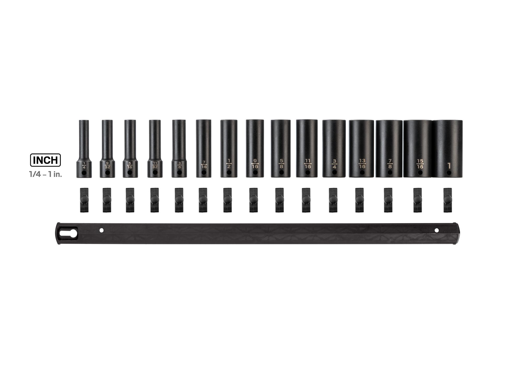 Laid out contents of Tekton rail impact drive 12-point socket set. Item #SID91113