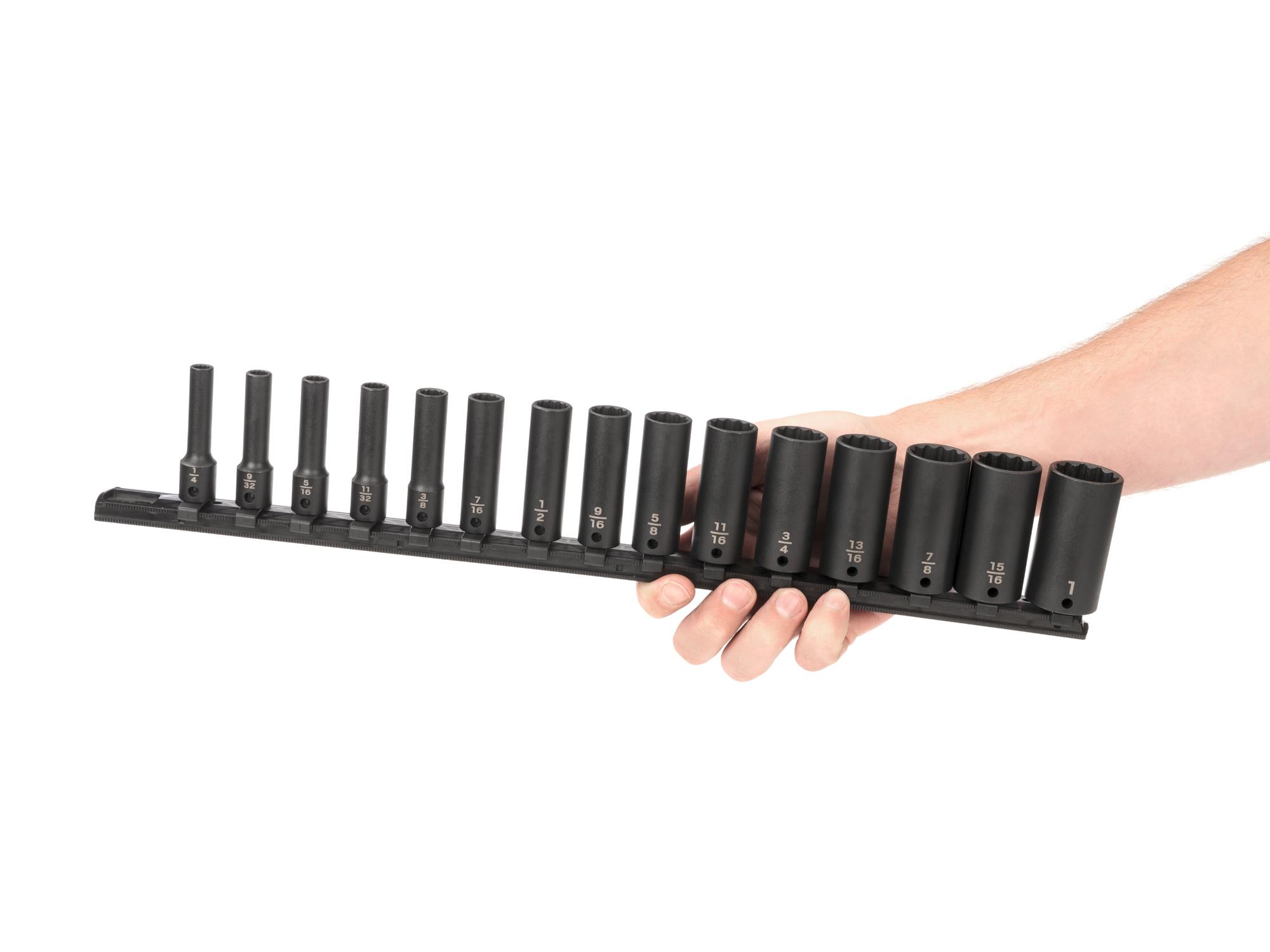Person holding Tekton rail impact drive 12-point socket set. Item #SID91113