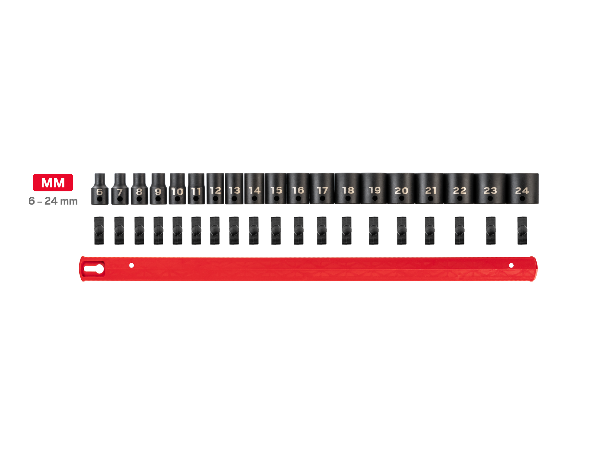 Includes: 6 - 24 mm (Metric) 12-point standard-length impact sockets. No skipped sizes. Comes with rail storage. SID91114.