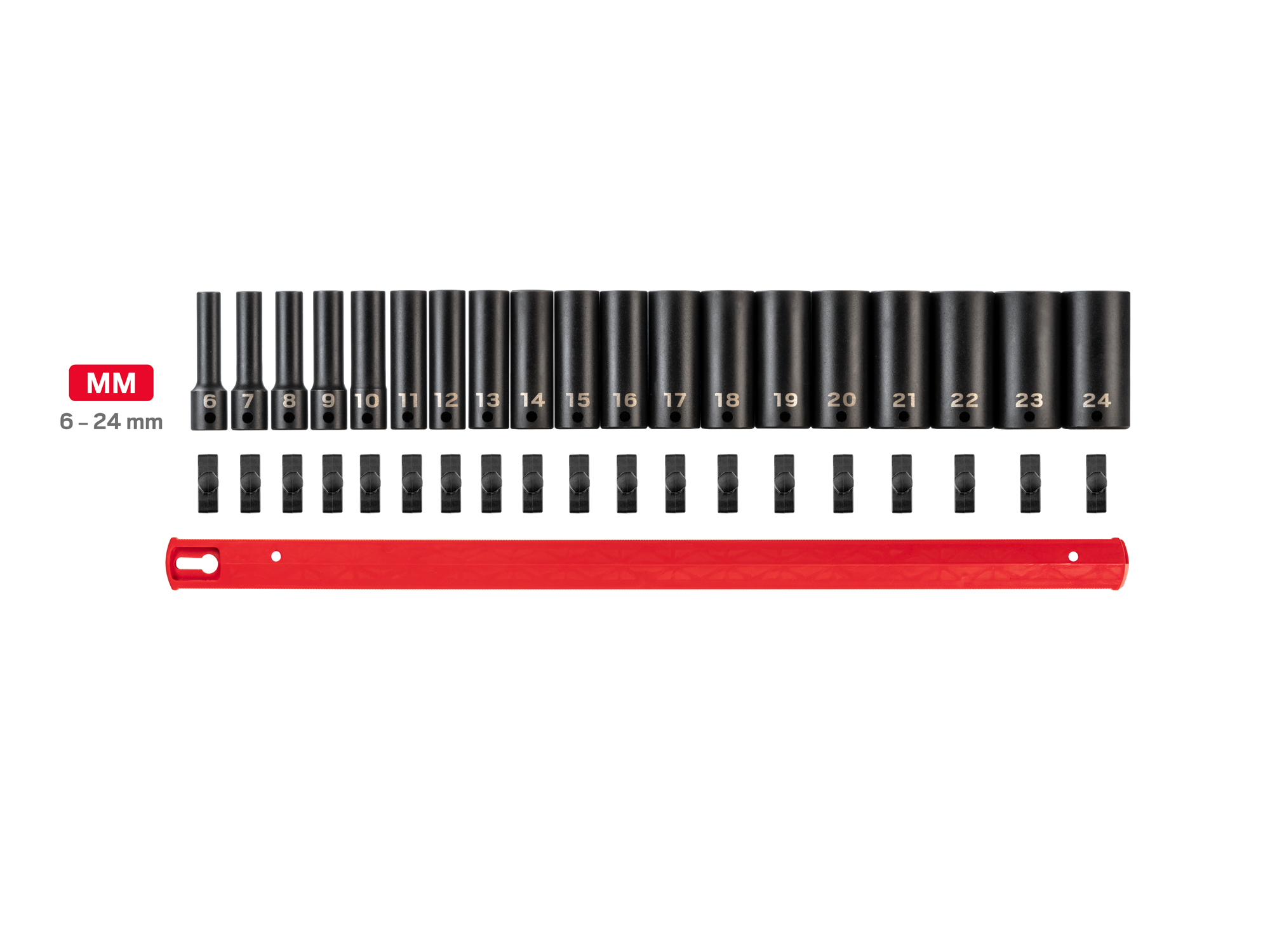 Includes: 6 - 24 mm (Metric) 12-point deep impact sockets. No skipped sizes. Comes with rail storage. SID91115.