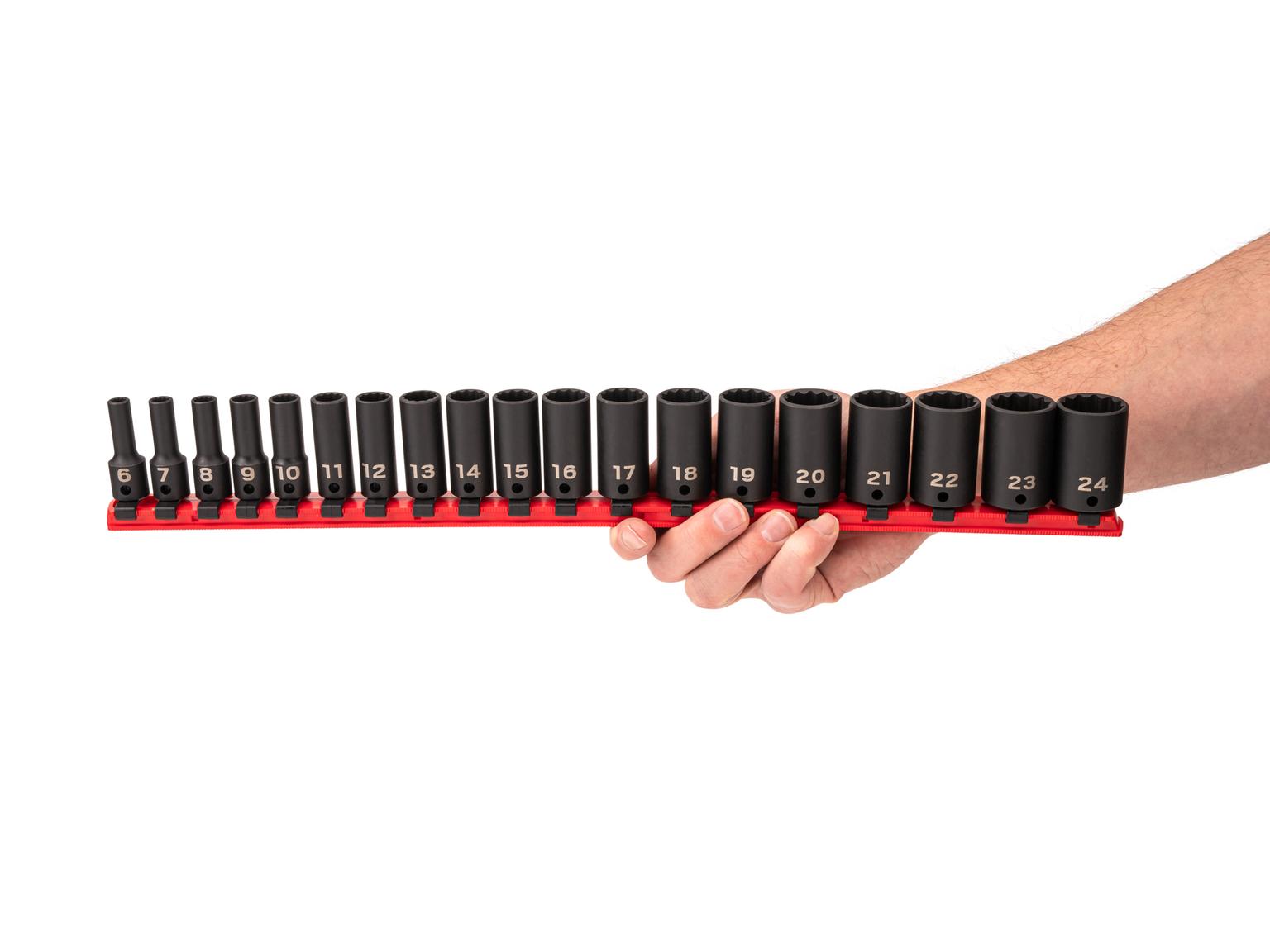 Person holding Tekton impact drive 12-point socket set. Item #SID91119