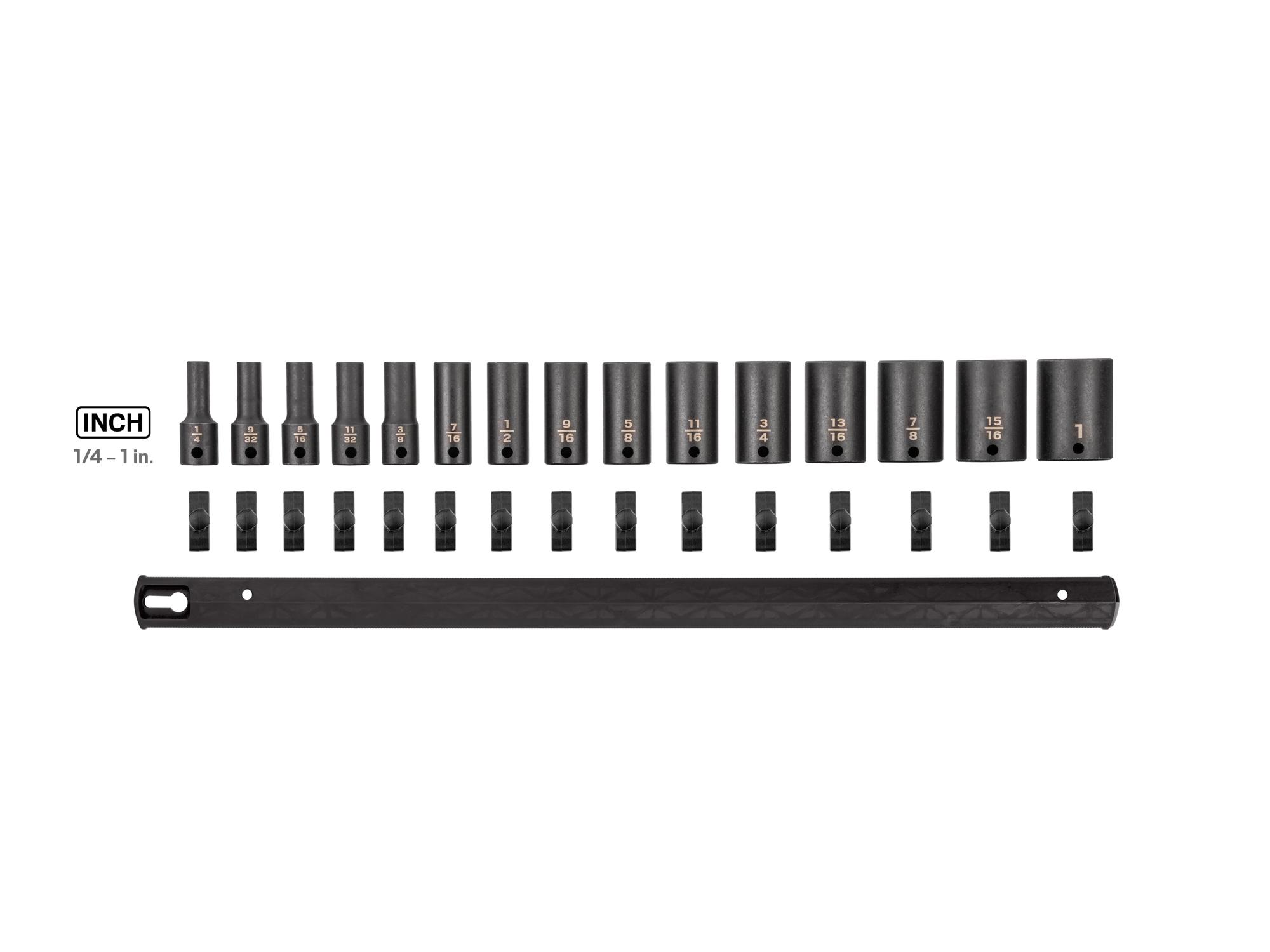 Laid out contents of Tekton rail impact drive 12-point socket set. Item #SID91120
